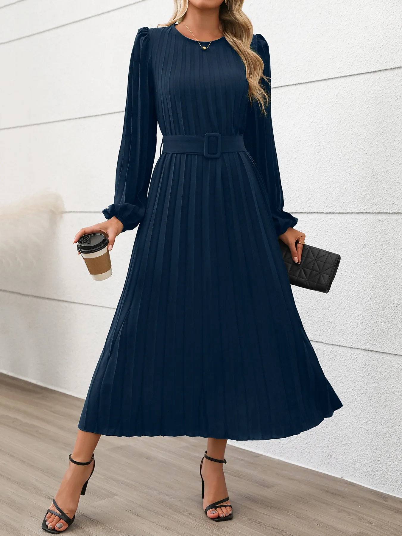 Pleated Round Neck Long Sleeve Dress - Image 14