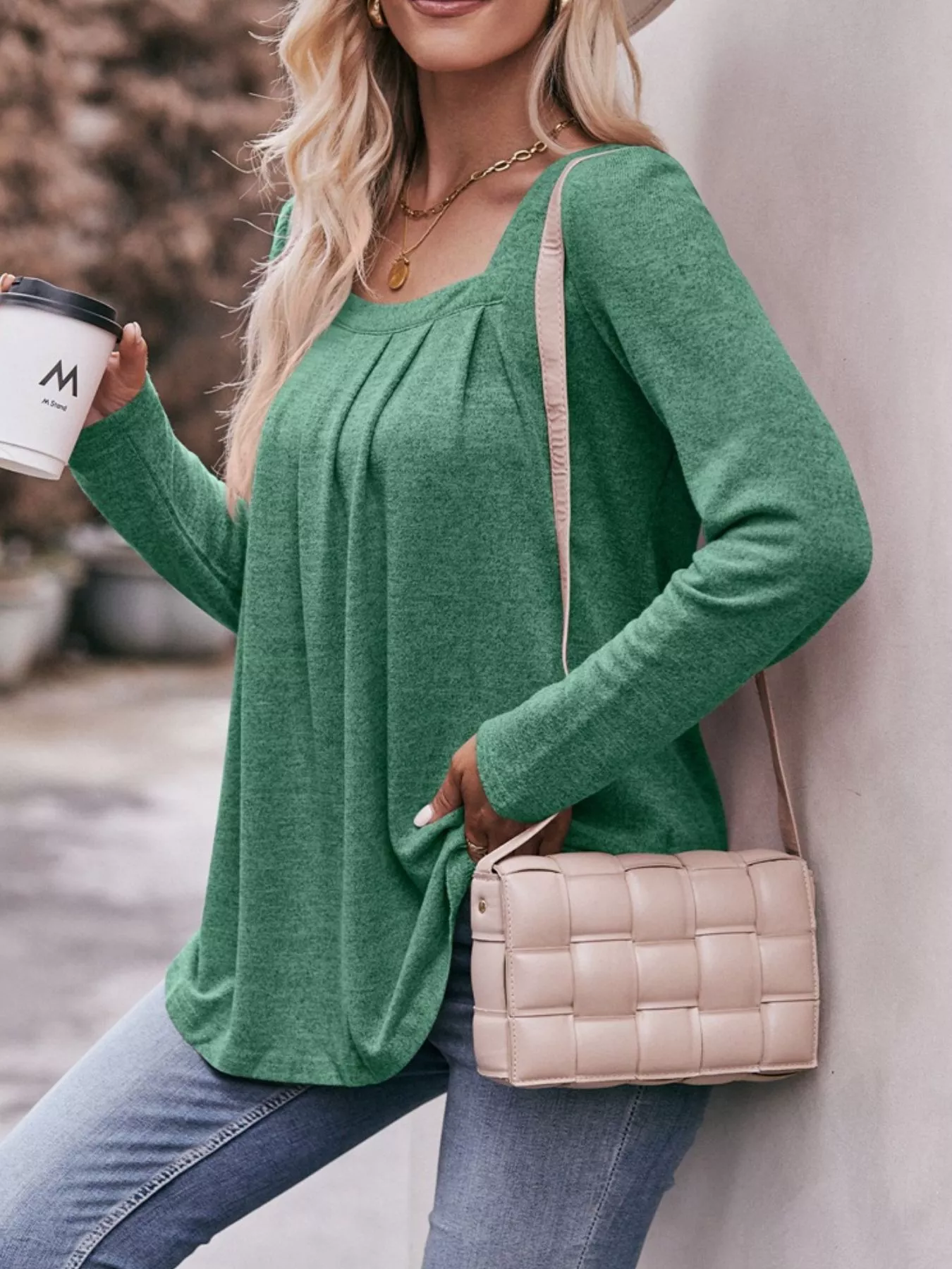 Pleated Square Neck Long Sleeve T-Shirt - Image 19