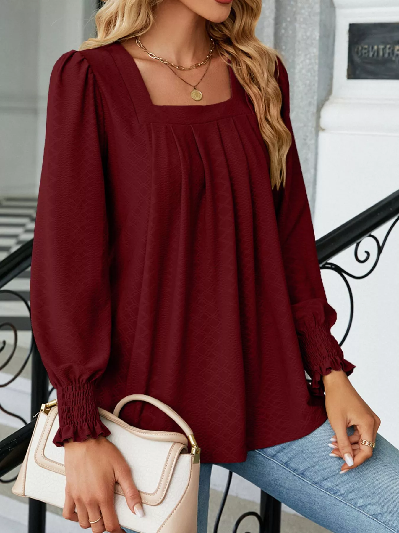 Pleated Square Neck Long Sleeve Top - Image 10