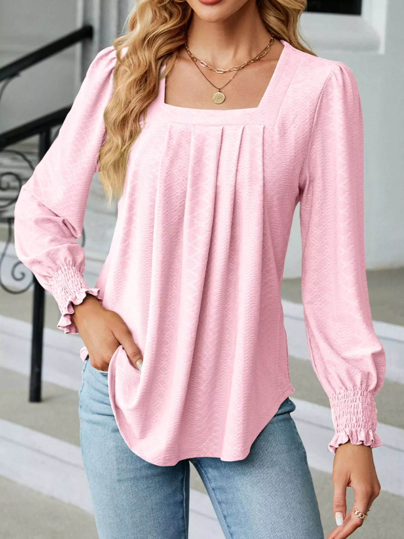 Pleated Square Neck Long Sleeve Top - Image 15