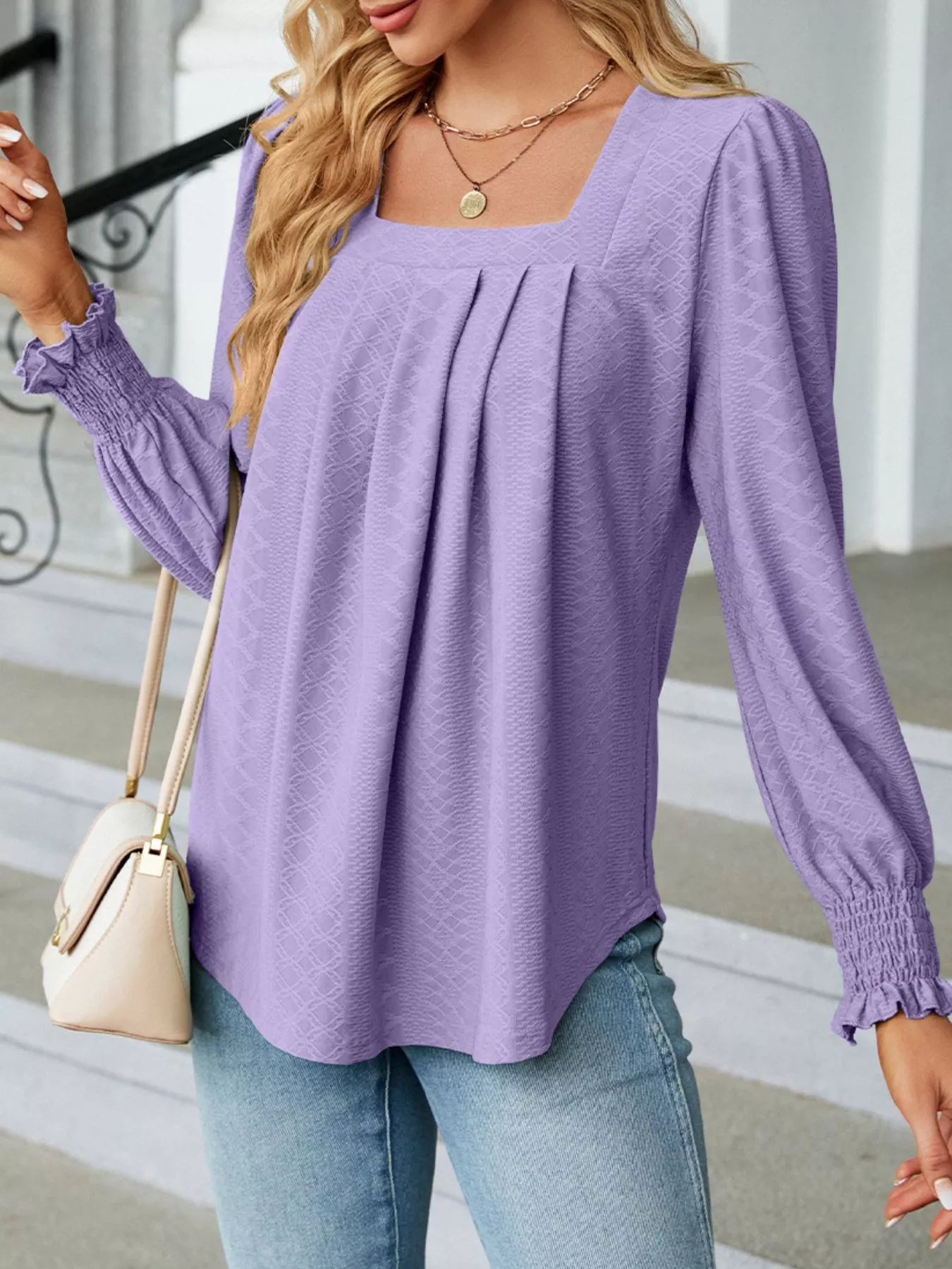 Pleated Square Neck Long Sleeve Top - Image 24