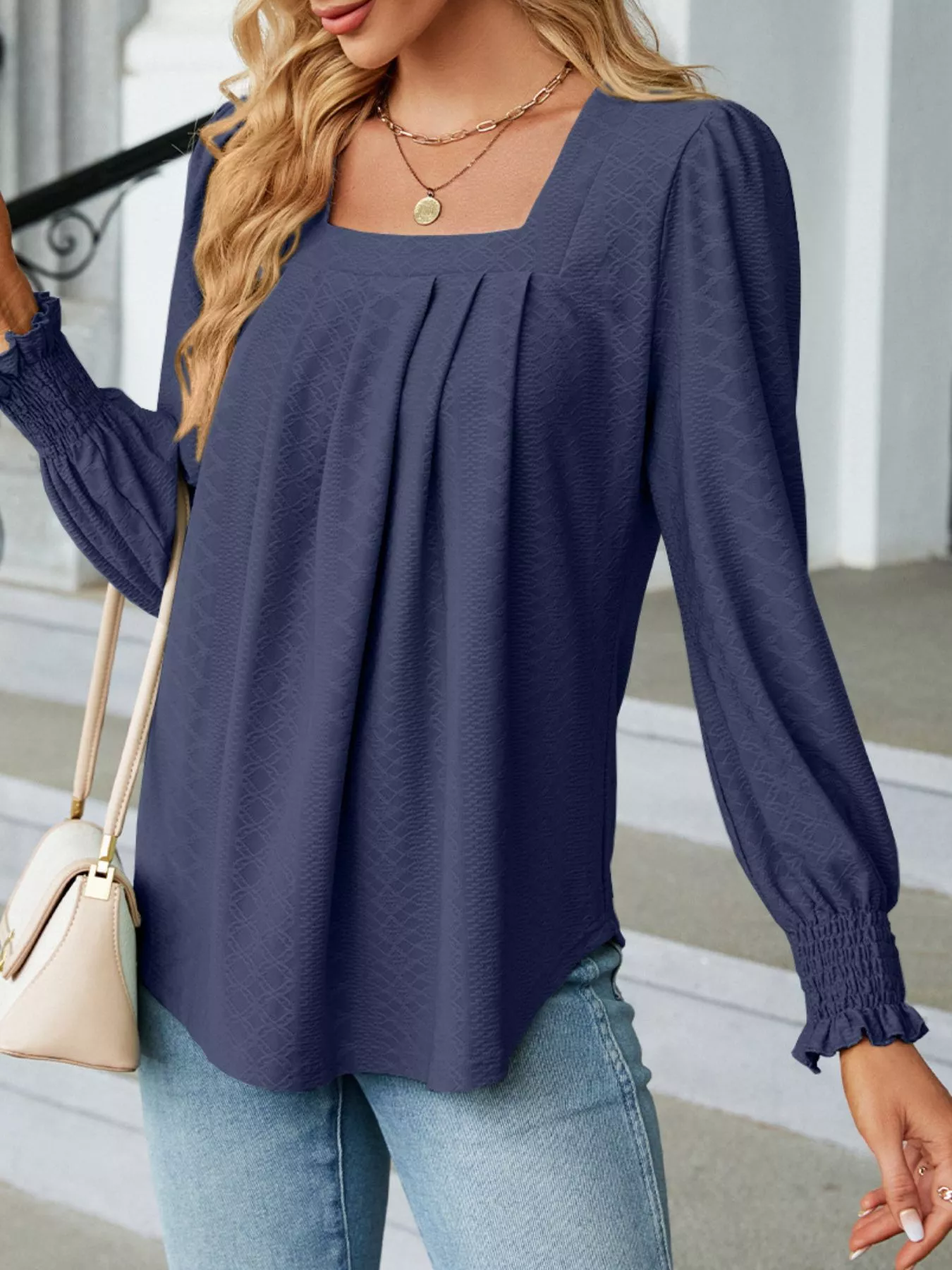 Pleated Square Neck Long Sleeve Top - Image 28