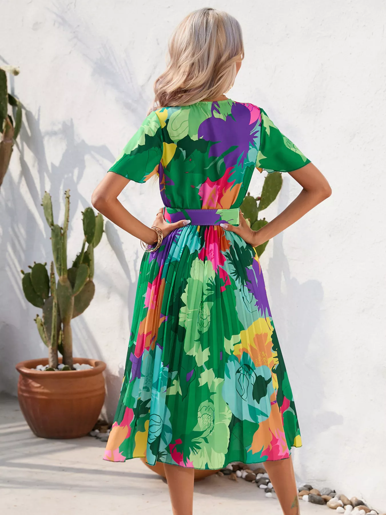 Pleated Tropical Print Belted Midi Dress - Image 10
