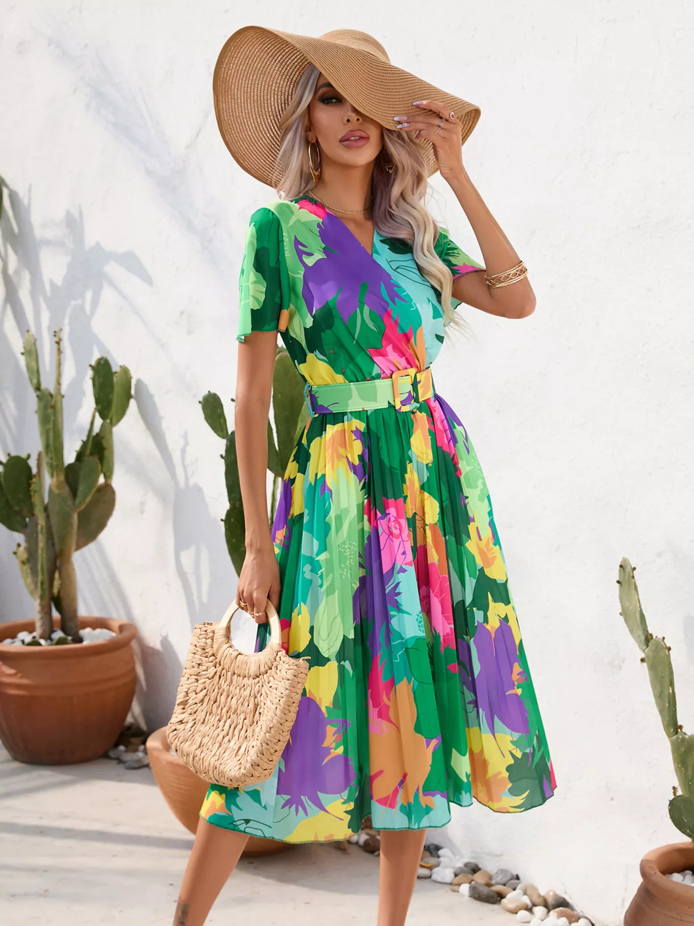 Pleated Tropical Print Belted Midi Dress - Image 13