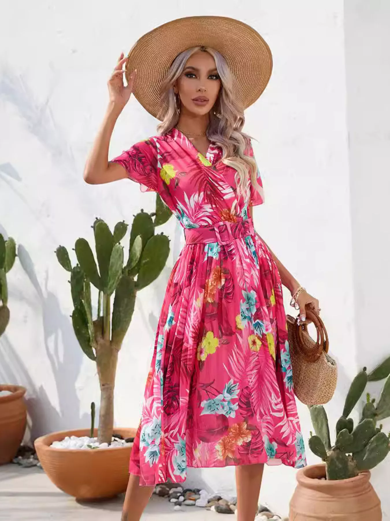 Pleated Tropical Print Belted Midi Dress - Image 3