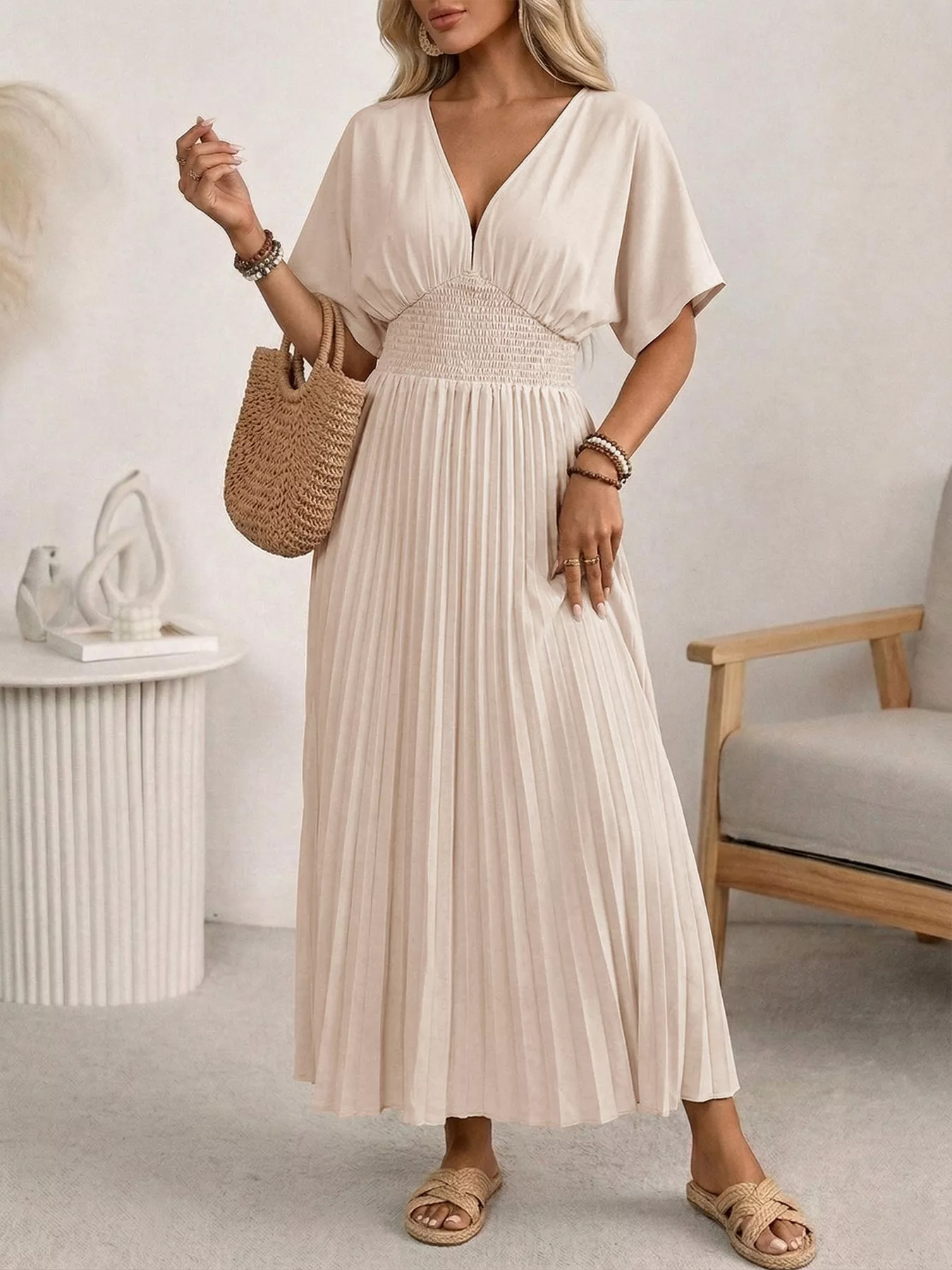 Pleated V-Neck Midi Dress - Image 4