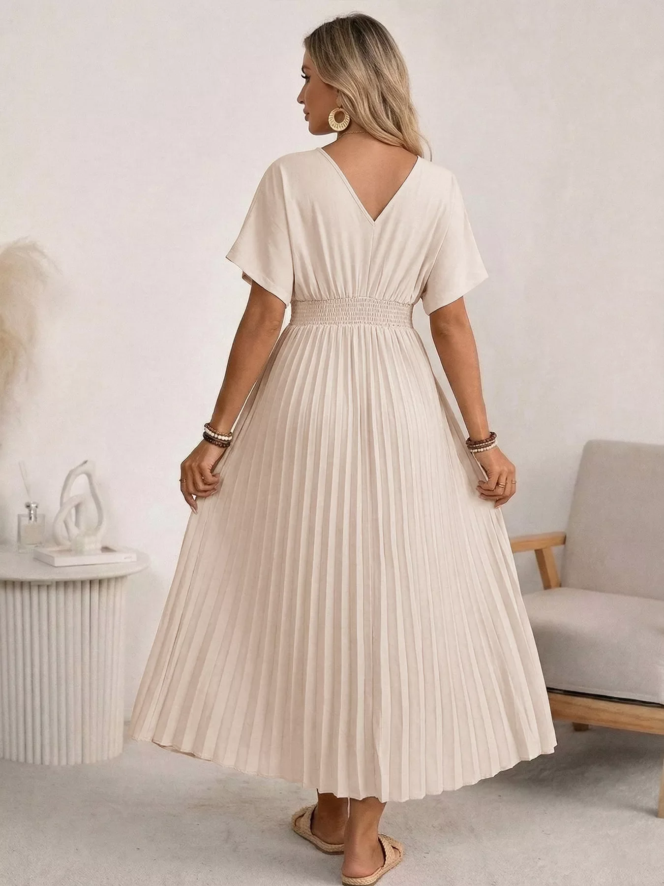 Pleated V-Neck Midi Dress - Image 5