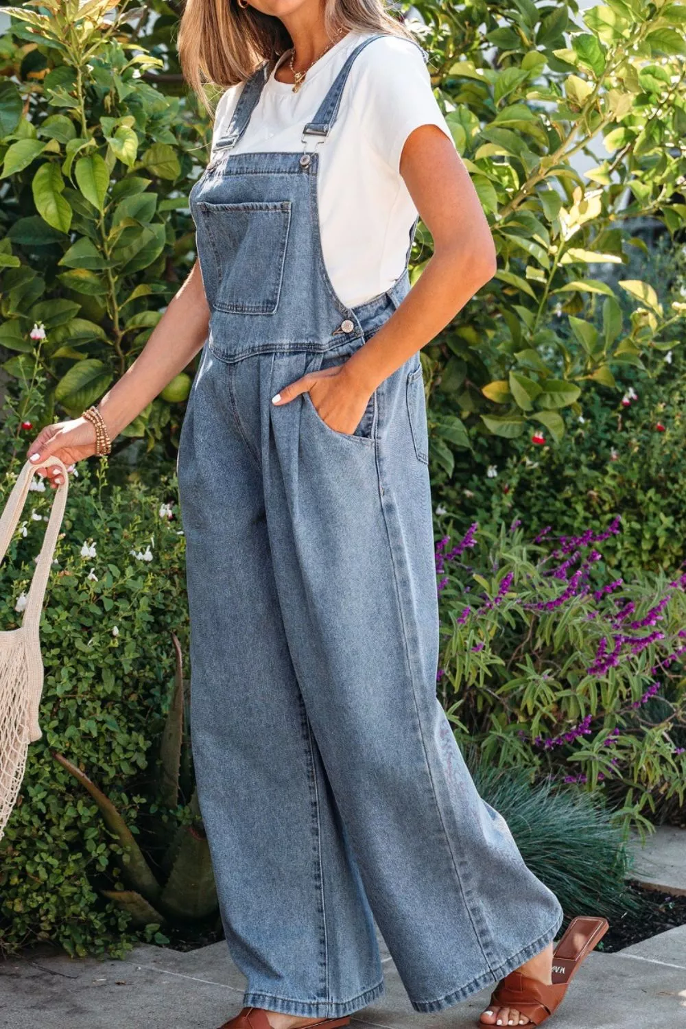 Pleated Wide Leg Retro Pocketed Denim Jumpsuit - Image 4
