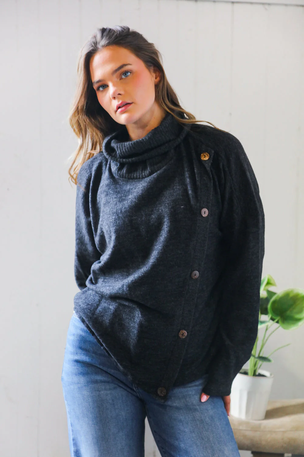 Buttoned Bliss Black Cozy Sweater - Image 3