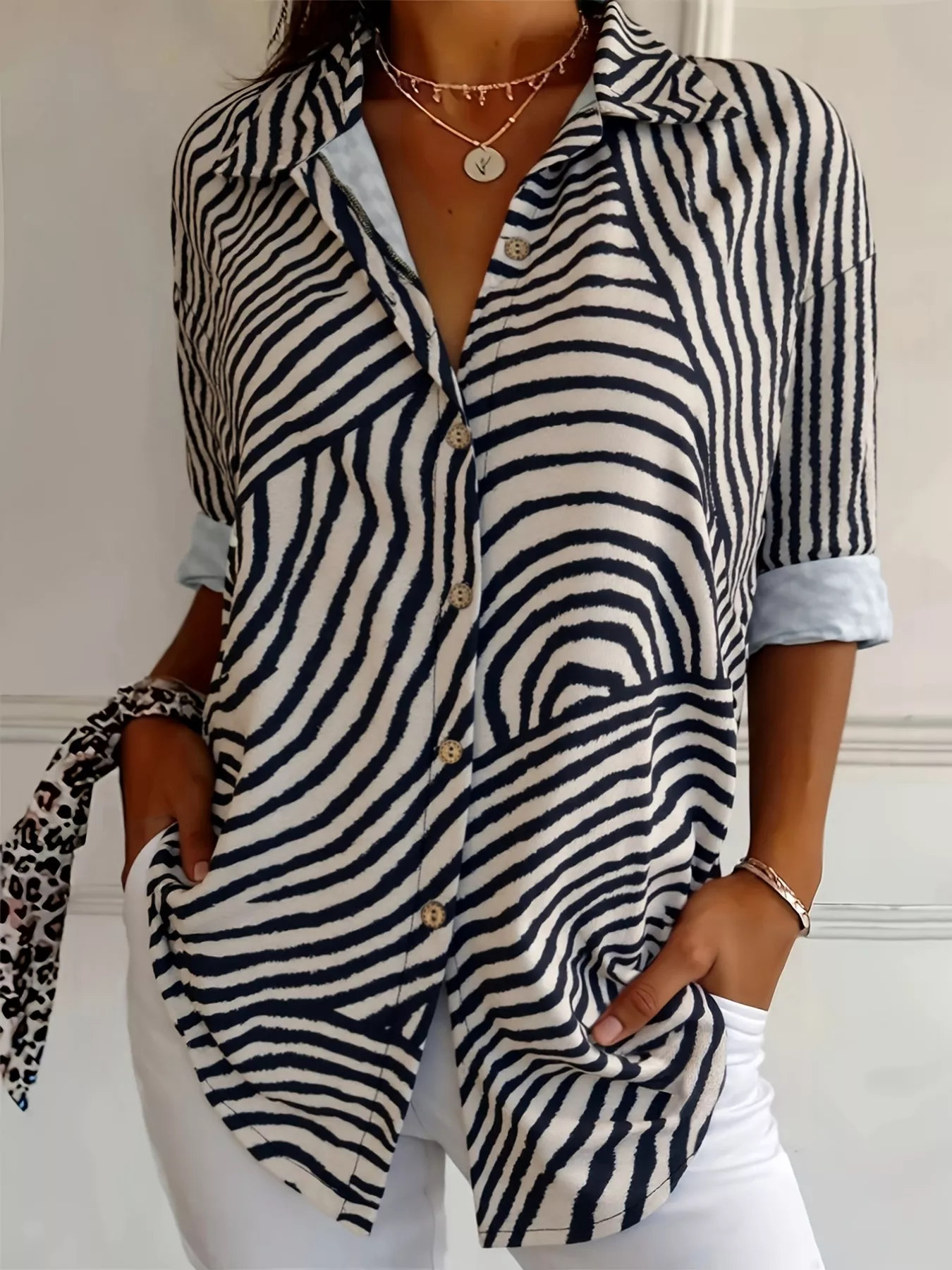 Plus Size Abstract Zebra Print Button-Down Shirt - Image 2