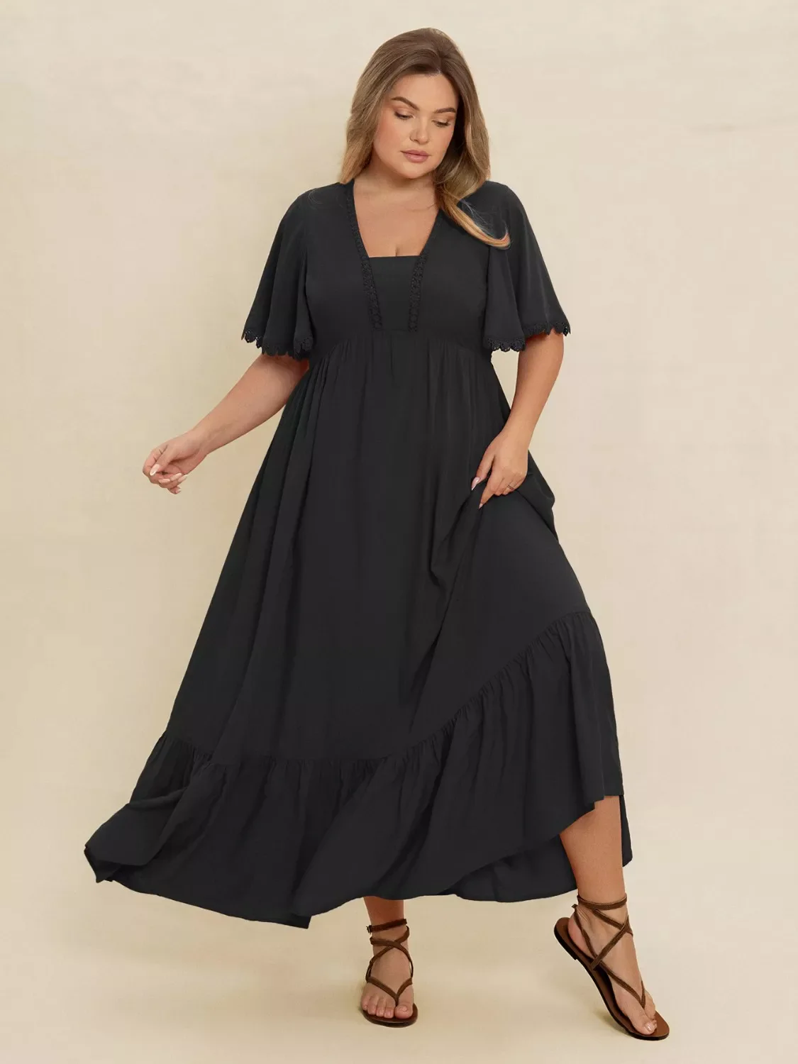 Plus Size Boho Ruffled Maxi Dress with Flutter Sleeves - Image 3