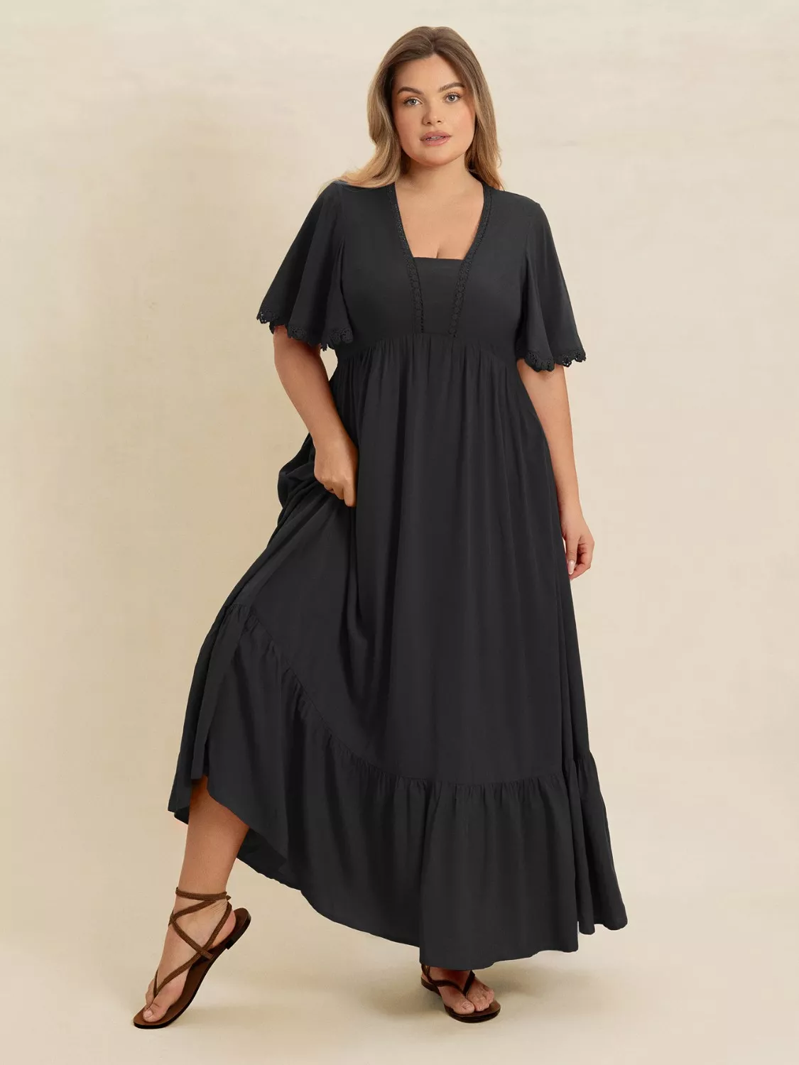 Plus Size Boho Ruffled Maxi Dress with Flutter Sleeves - Image 5