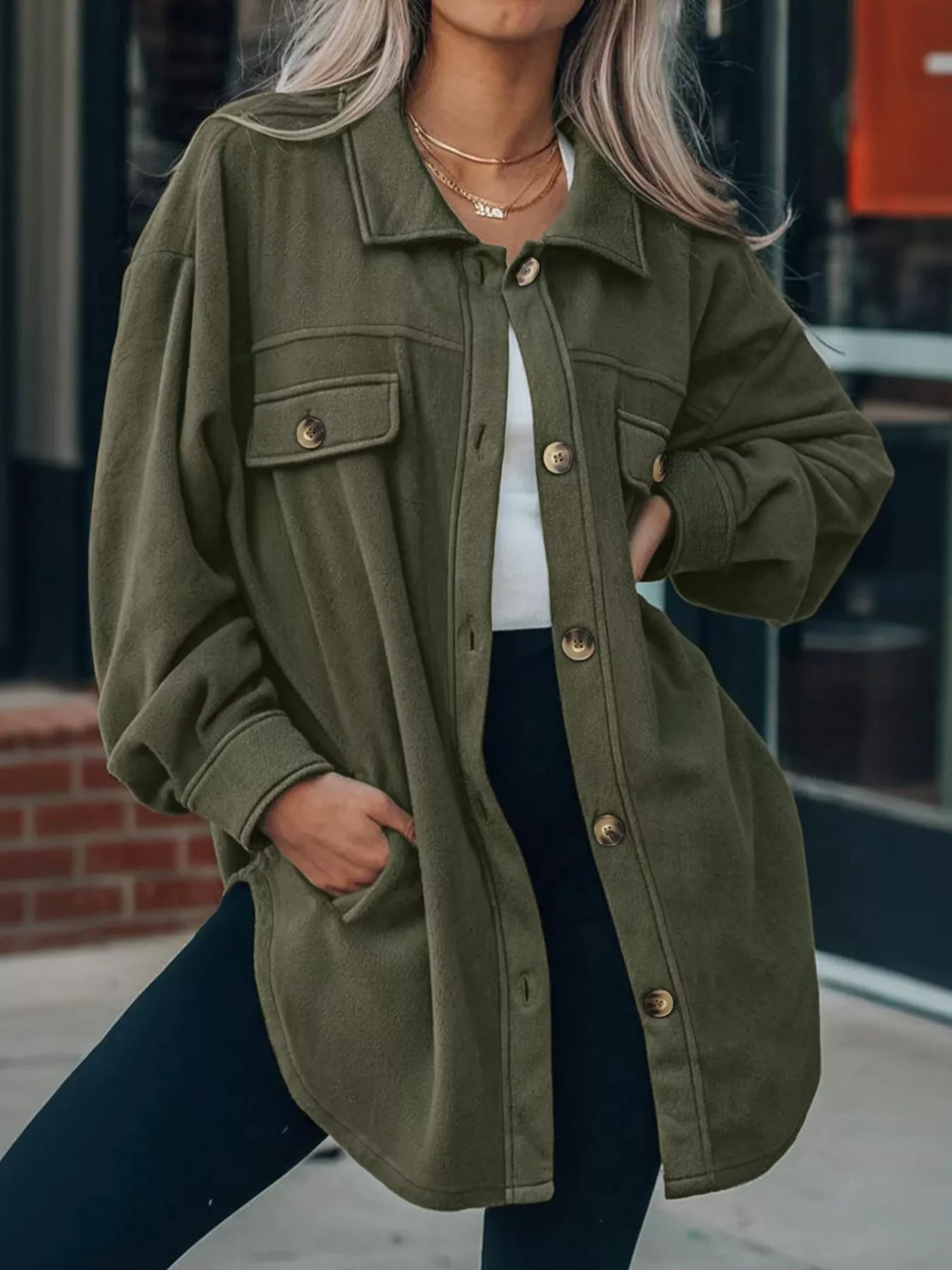Plus Size Button-Down Dropped Shoulder Shacket - Image 2