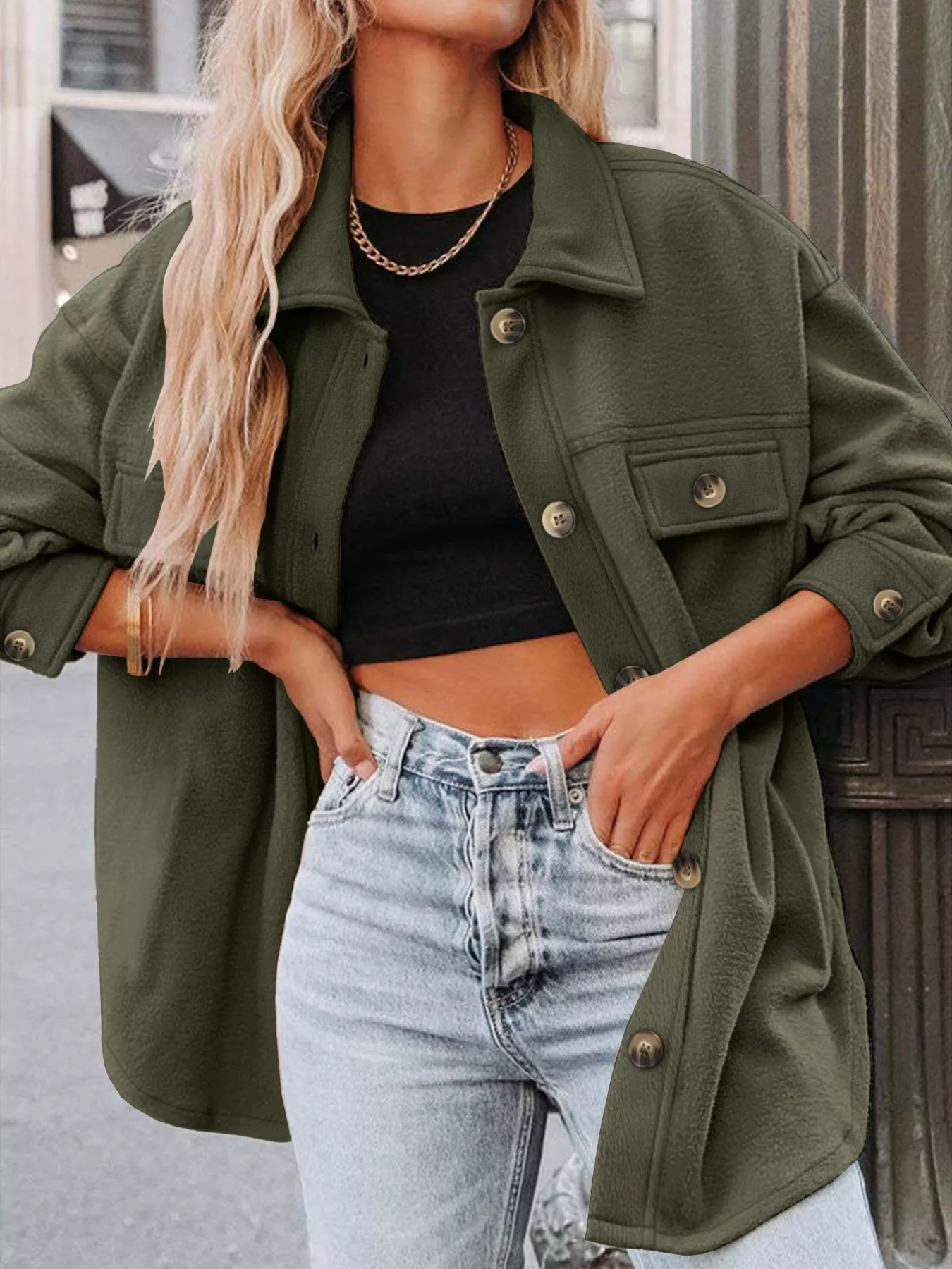 Plus Size Button-Down Dropped Shoulder Shacket - Image 3