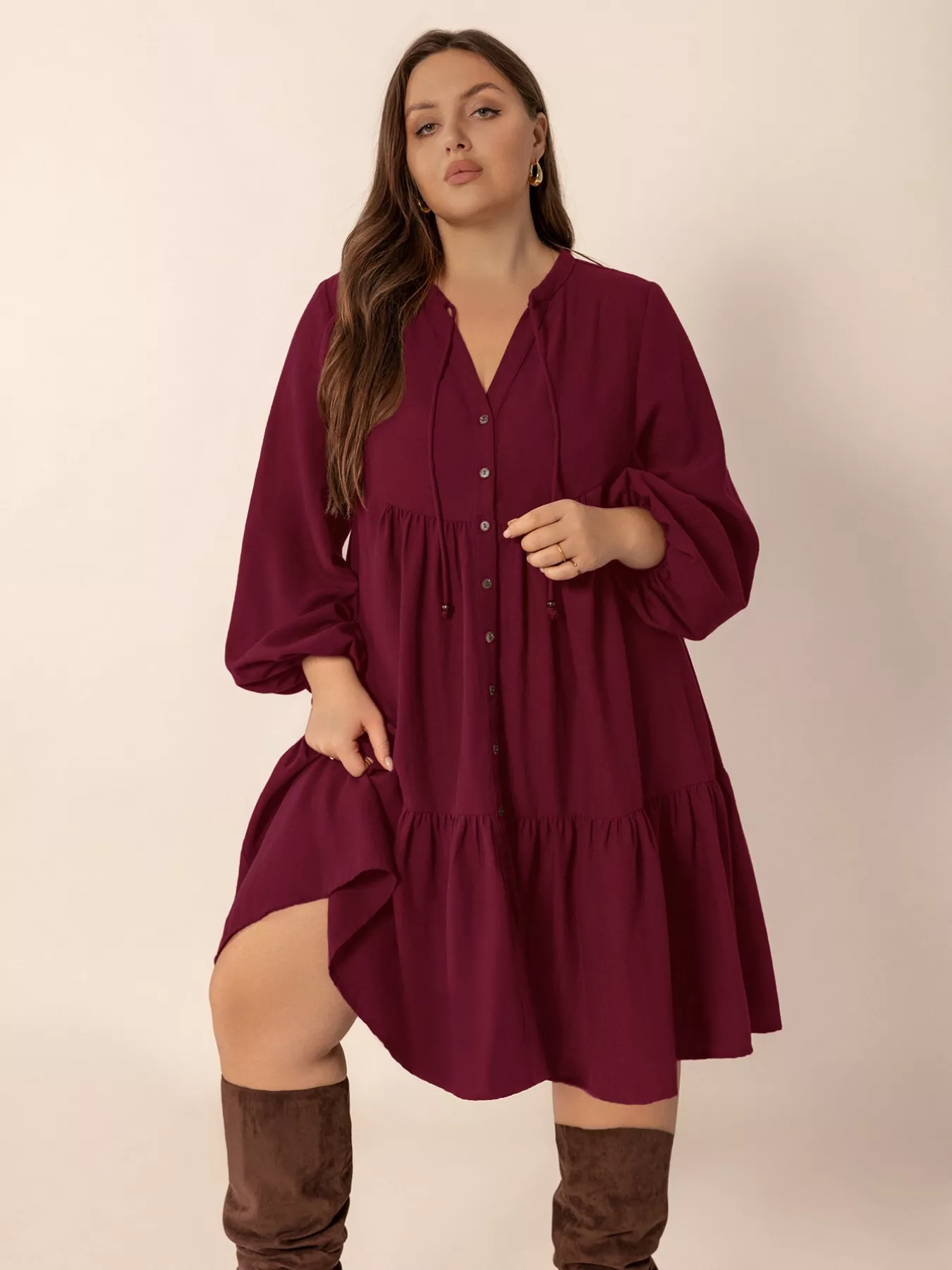 Plus Size Button Front Balloon Sleeve Dress - Image 2