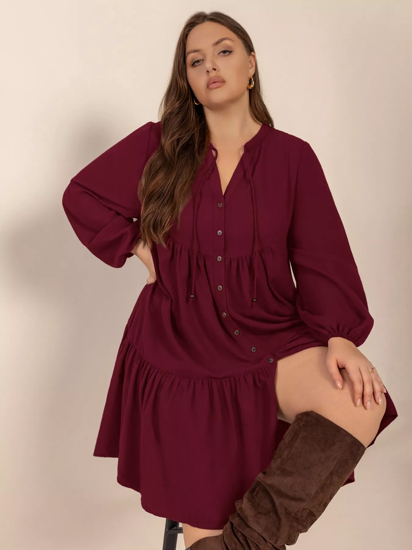 Plus Size Button Front Balloon Sleeve Dress - Image 3