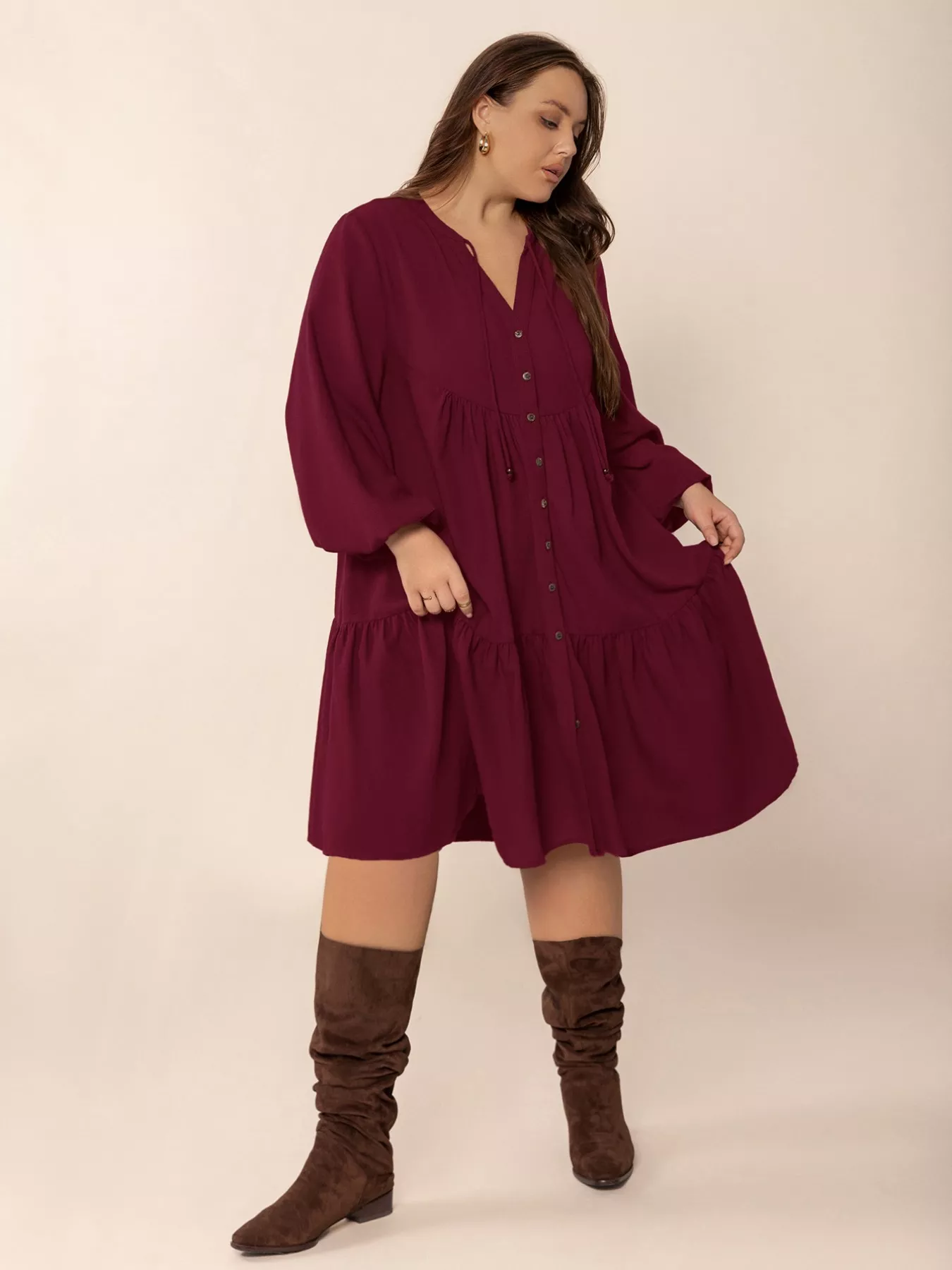 Plus Size Button Front Balloon Sleeve Dress - Image 5