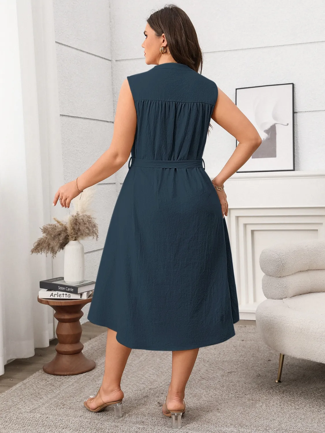 Plus Size Button Front Tie Waist Sleeveless Dress - Image 7