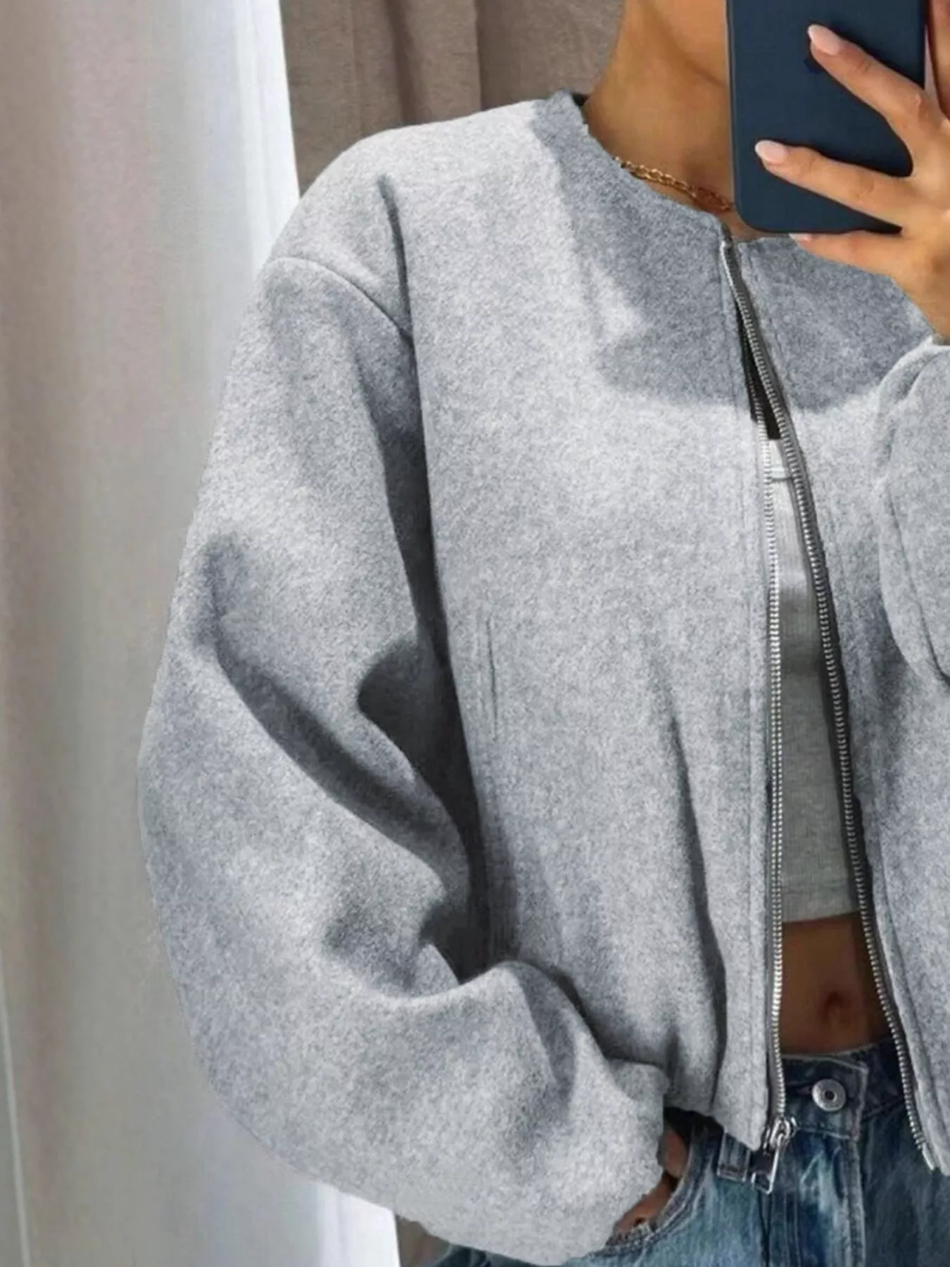 Plus Size Casual Fleece Zip-Up Bomber Jacket - Image 10
