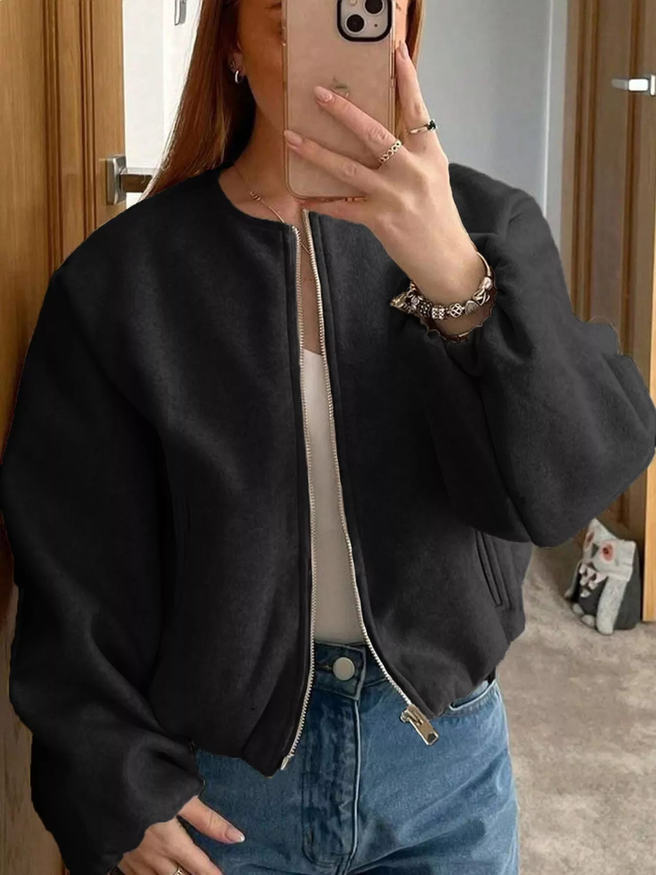 Plus Size Casual Fleece Zip-Up Bomber Jacket - Image 7