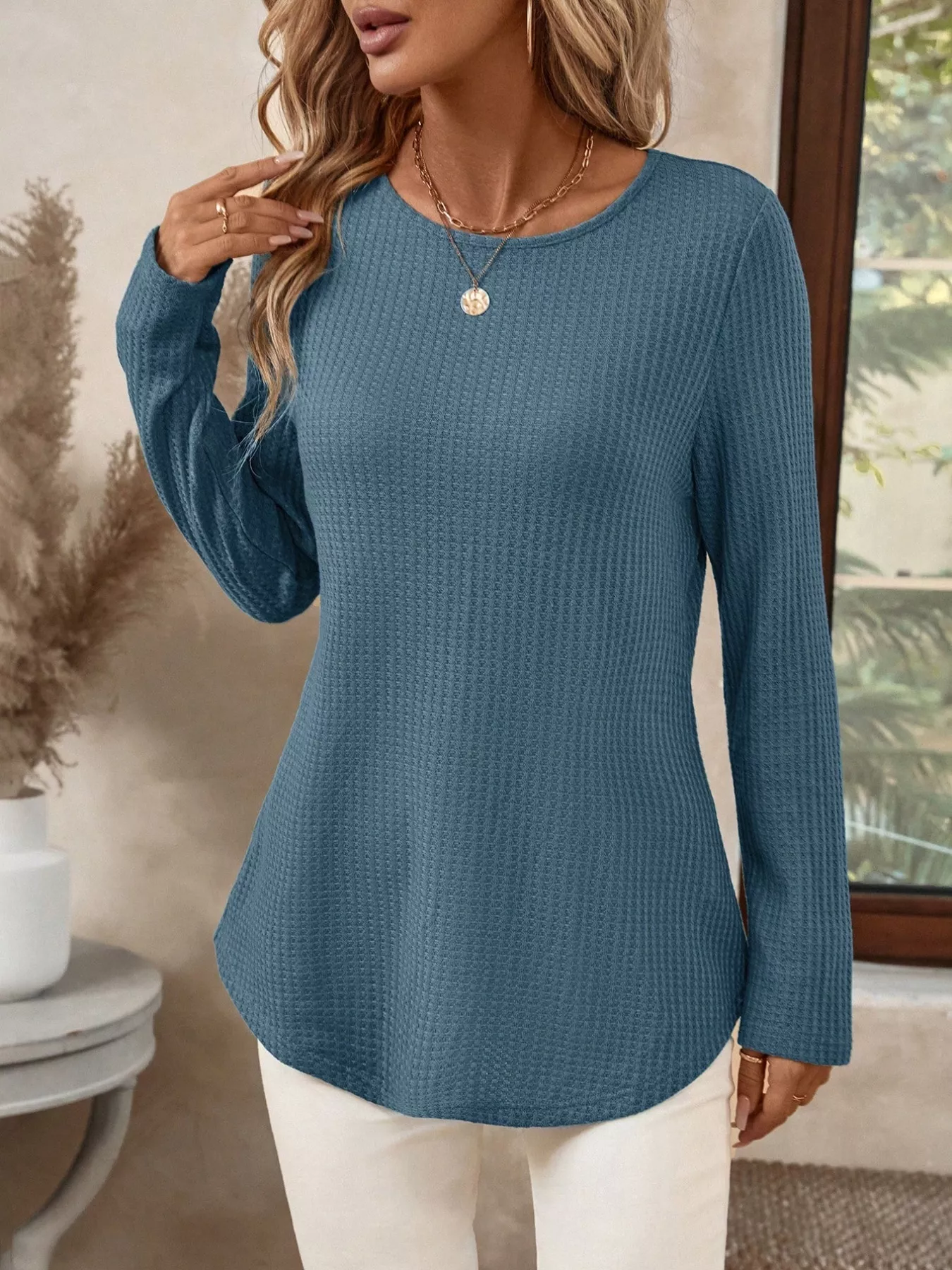 Plus Size Casual Waffle Knit Long Sleeve T-Shirt - Image 15
