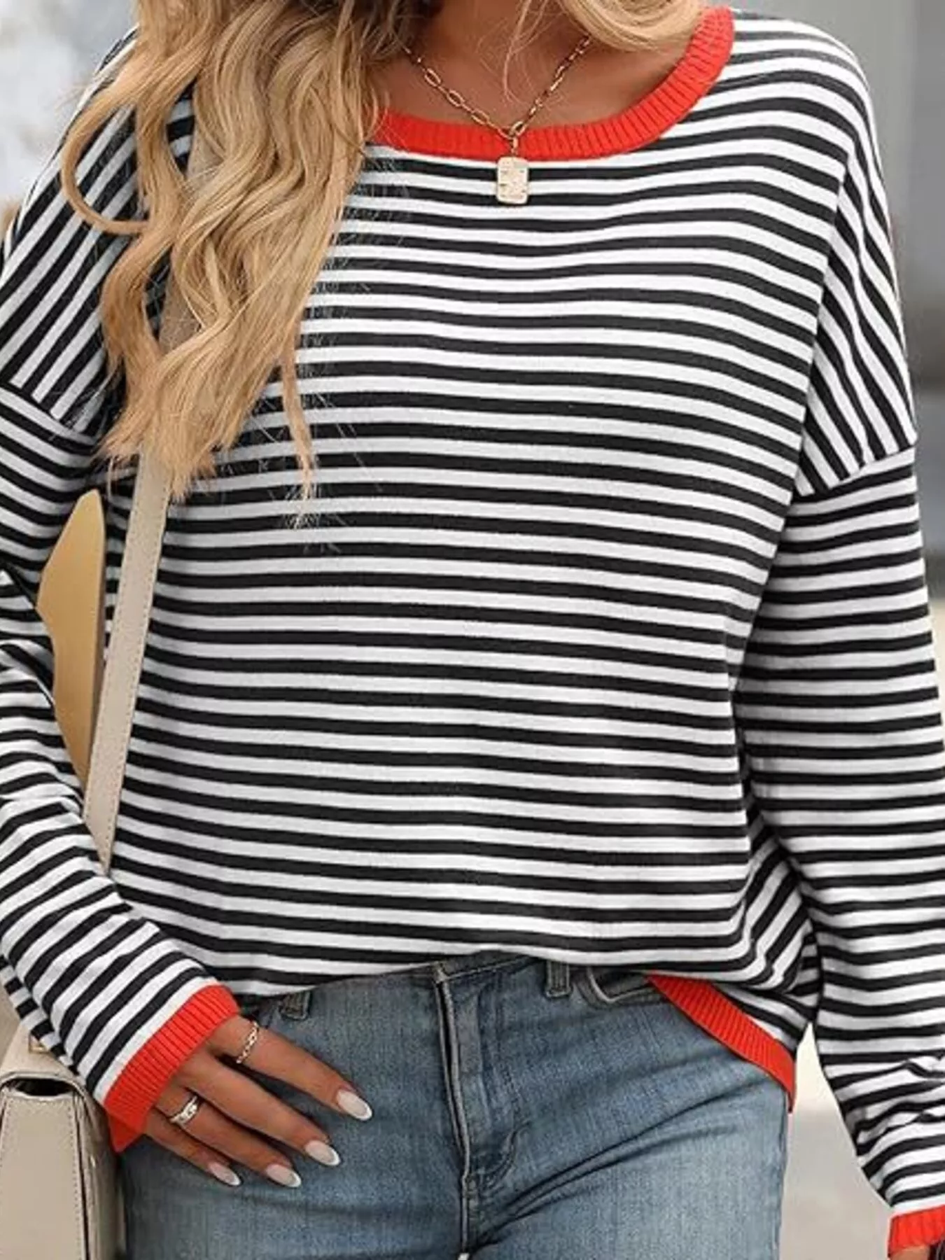 Plus Size Contrast Striped Long Sleeve Sweater - Image 5