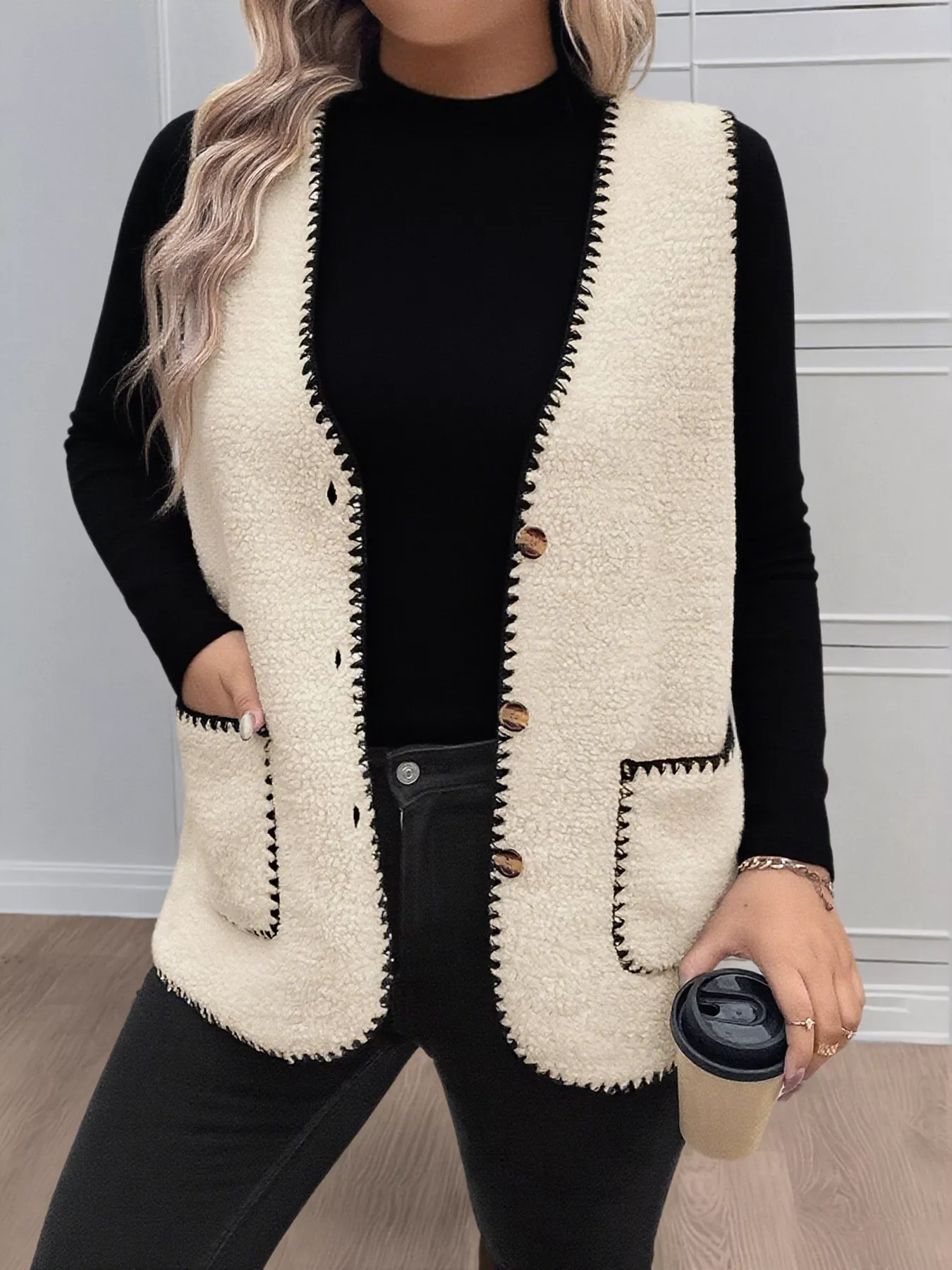 Plus Size Contrast Trim Button Up Vest Coat - Image 4
