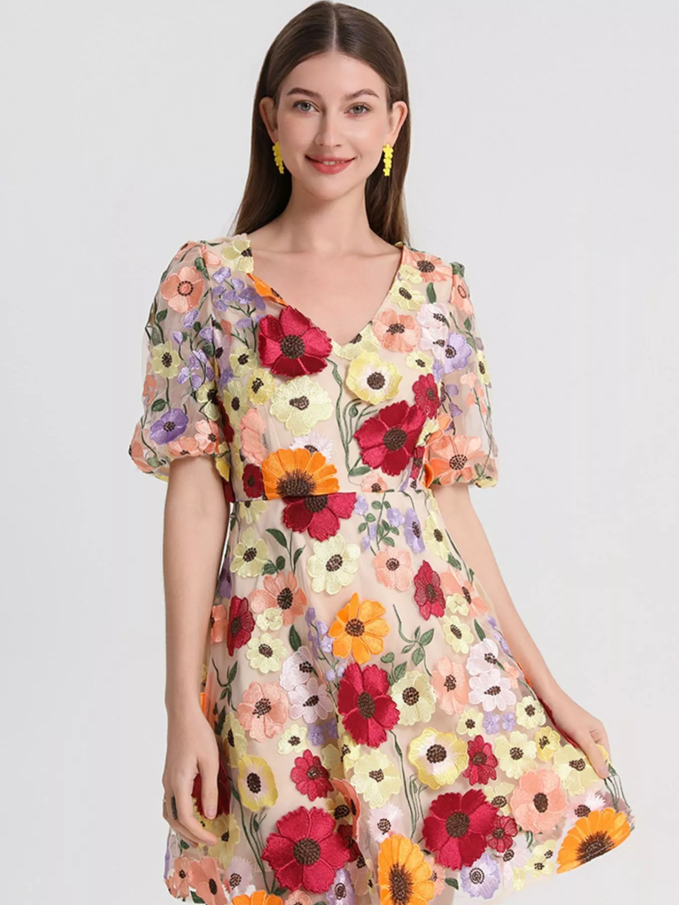 Plus Size Embroidered Floral V-Neck Mini Dress - Image 4