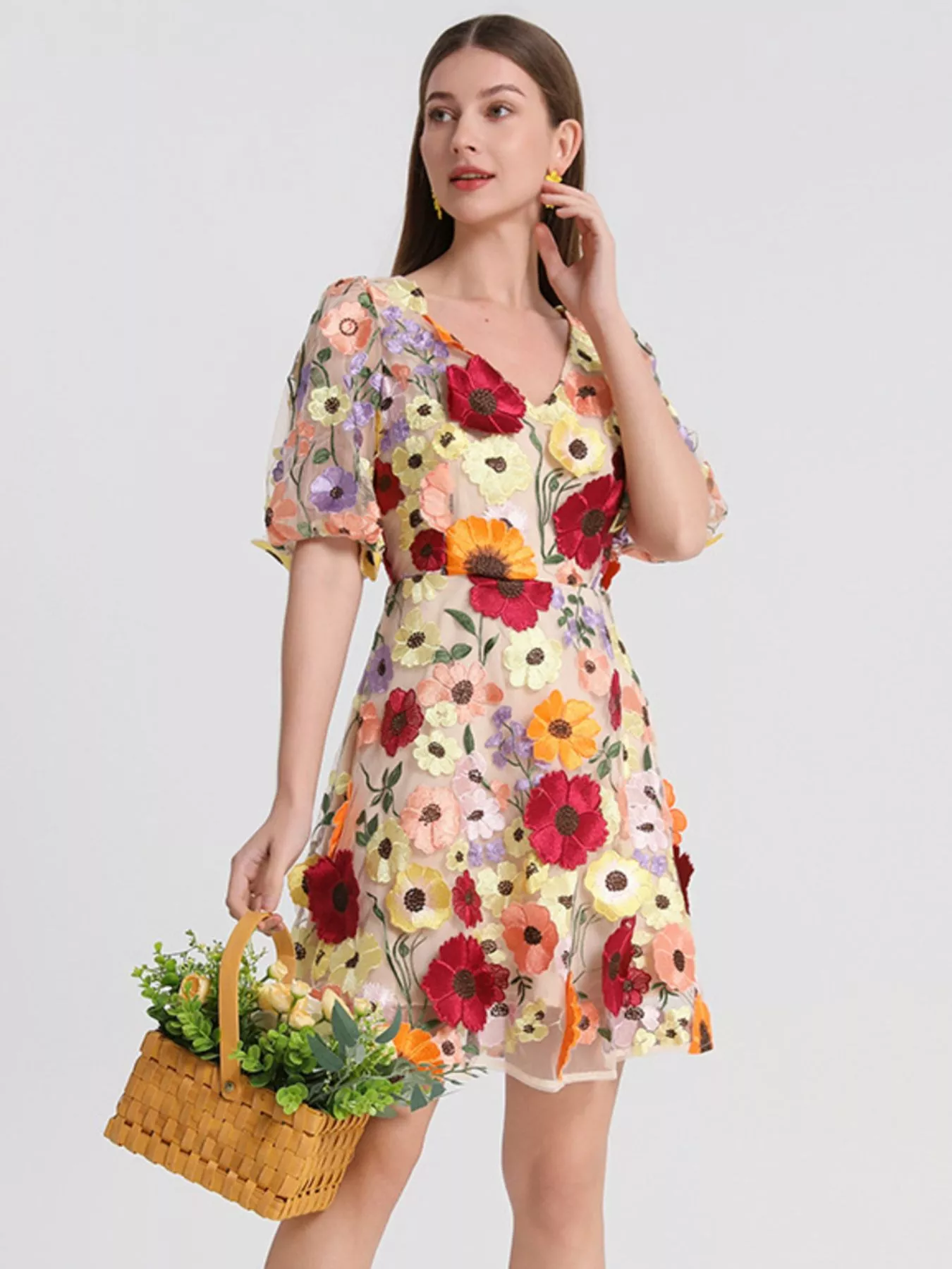 Plus Size Embroidered Floral V-Neck Mini Dress - Image 7