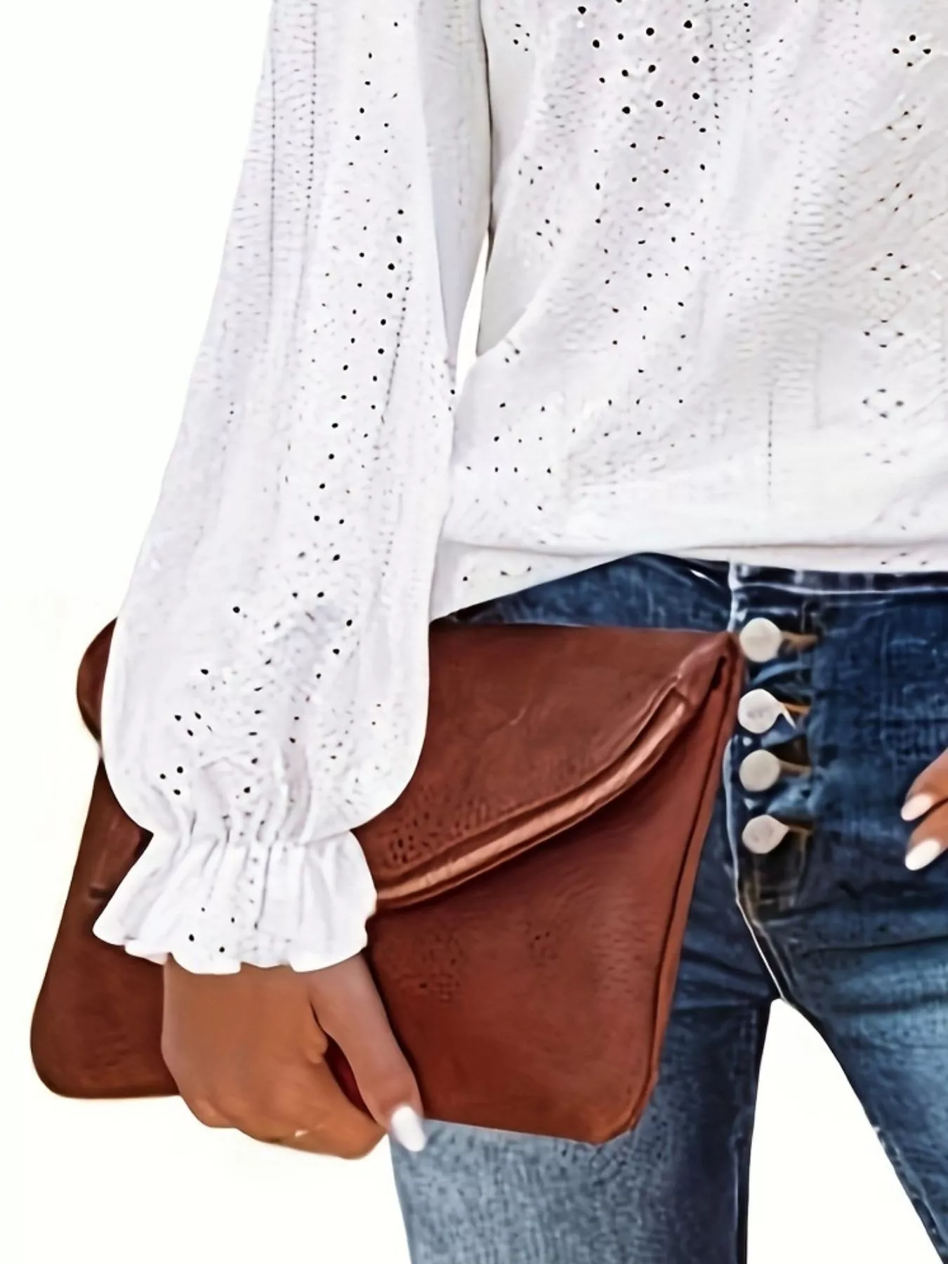 Plus Size Eyelet V-Neck Flounce Sleeve Blouse - Image 21