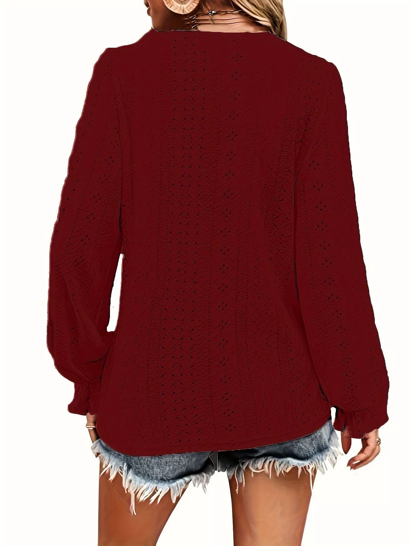 Plus Size Eyelet V-Neck Flounce Sleeve Blouse - Image 32