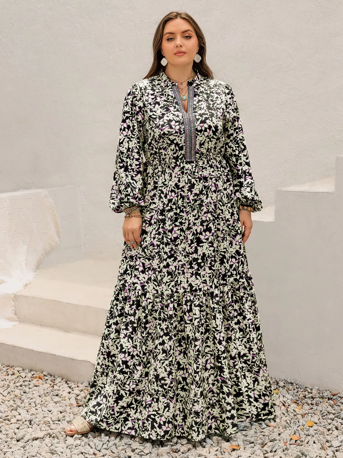Plus Size Floral Print Long Sleeve Tiered Maxi Dress