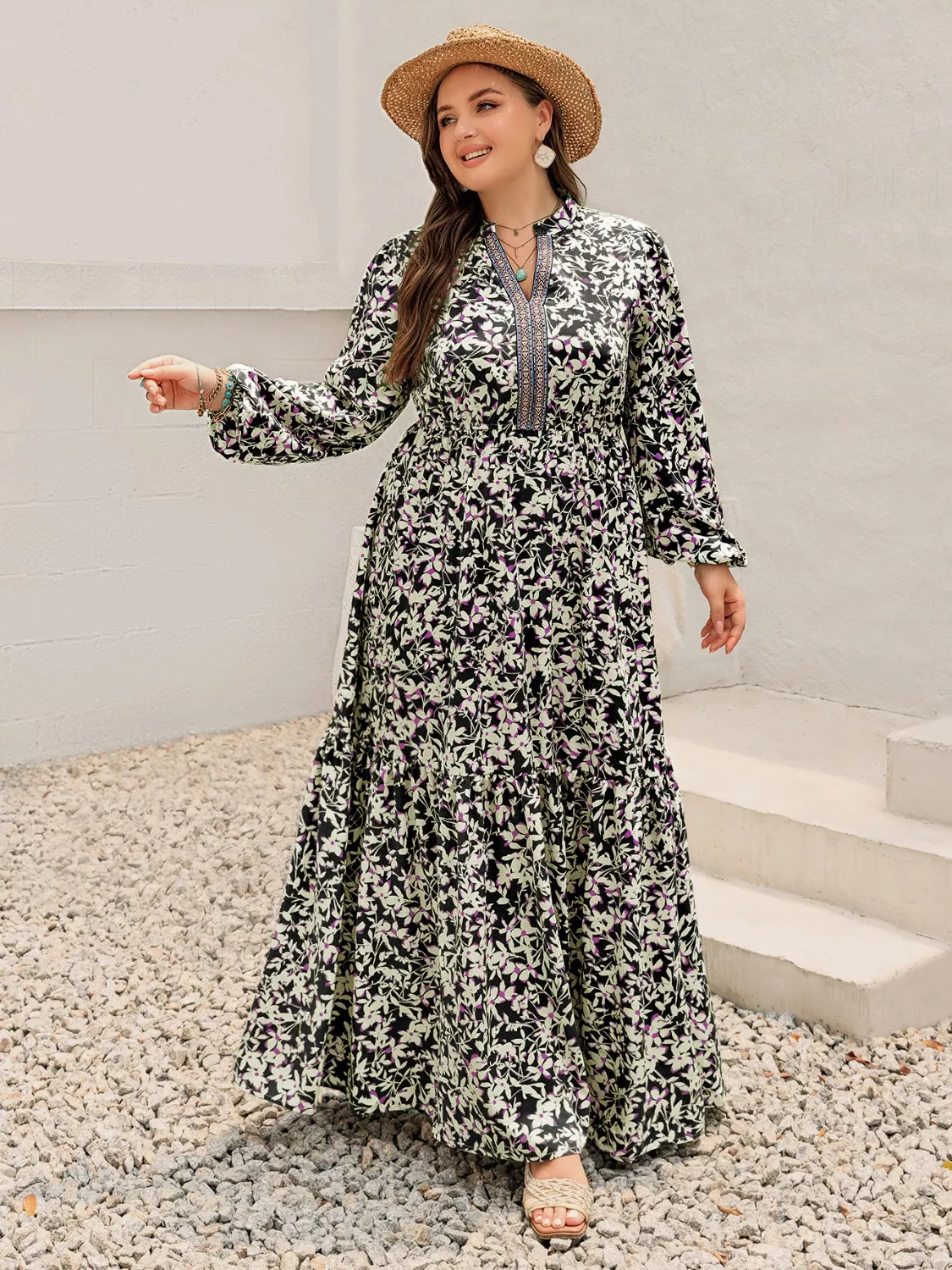 Plus Size Floral Print Long Sleeve Tiered Maxi Dress - Image 3