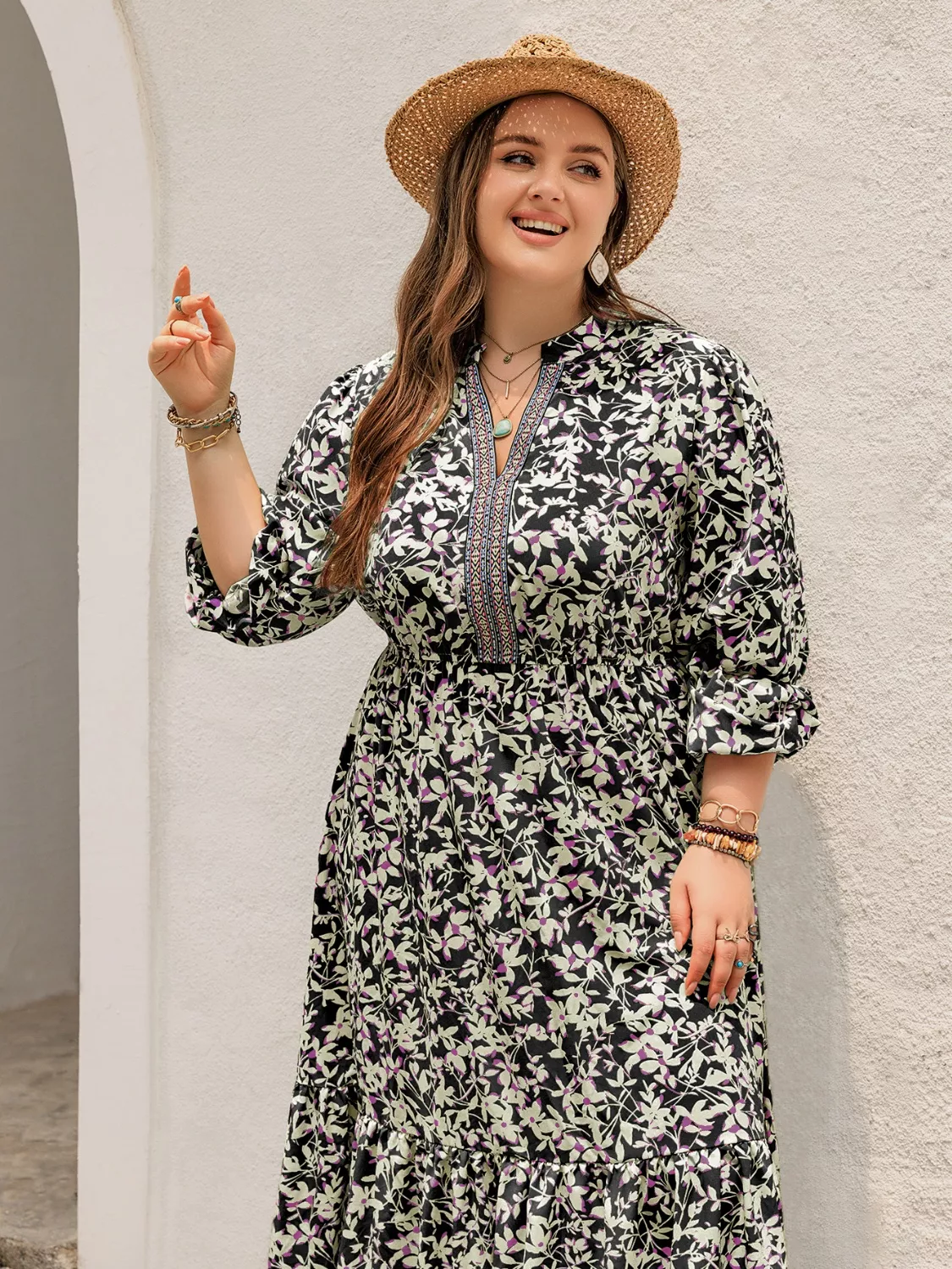 Plus Size Floral Print Long Sleeve Tiered Maxi Dress - Image 4