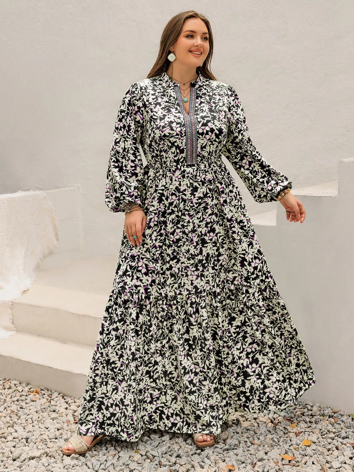 Plus Size Floral Print Long Sleeve Tiered Maxi Dress - Image 6