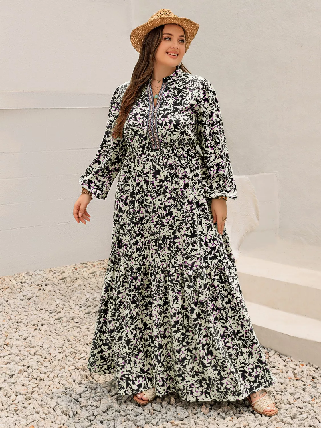 Plus Size Floral Print Long Sleeve Tiered Maxi Dress - Image 7