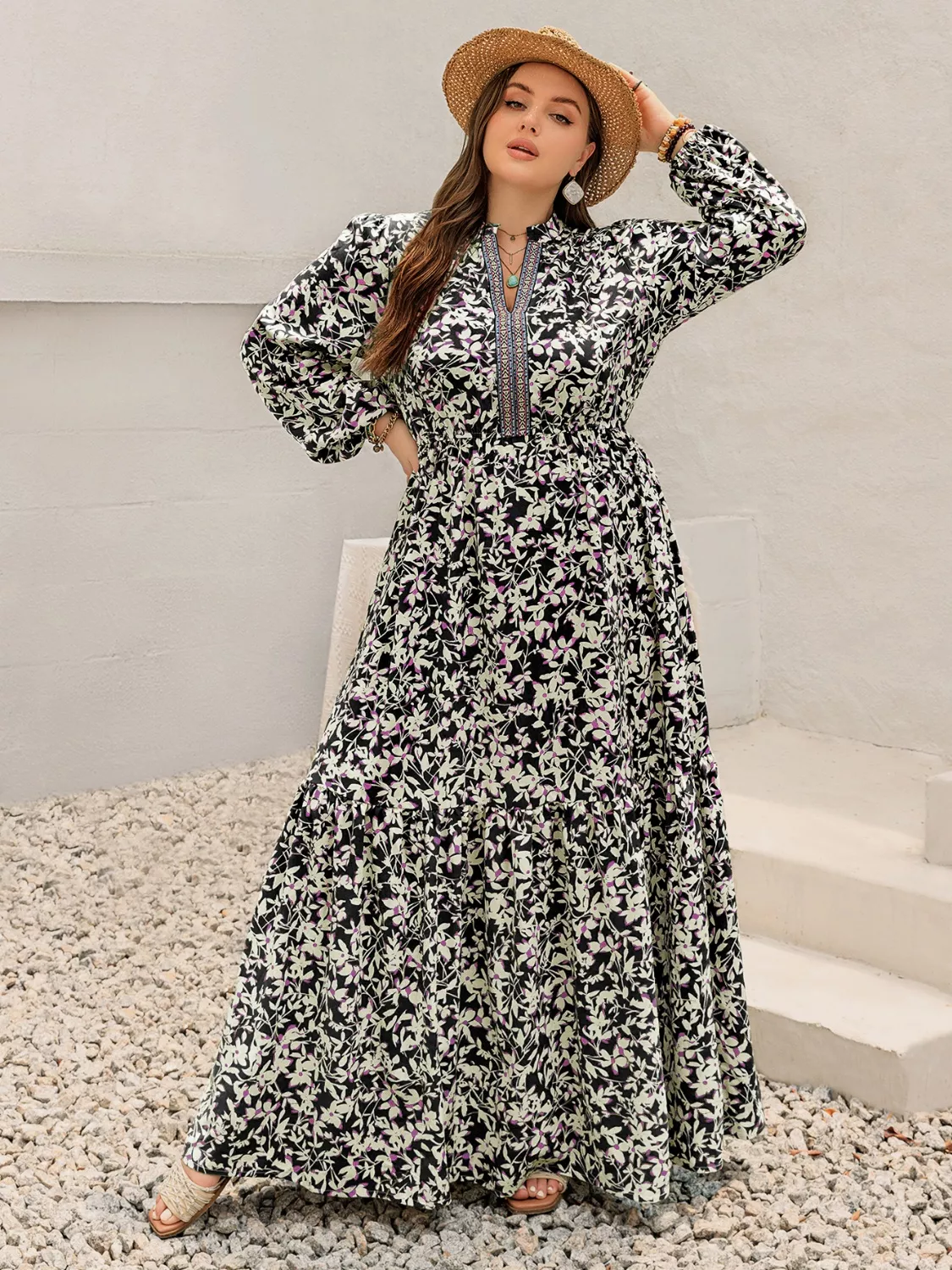 Plus Size Floral Print Long Sleeve Tiered Maxi Dress - Image 8