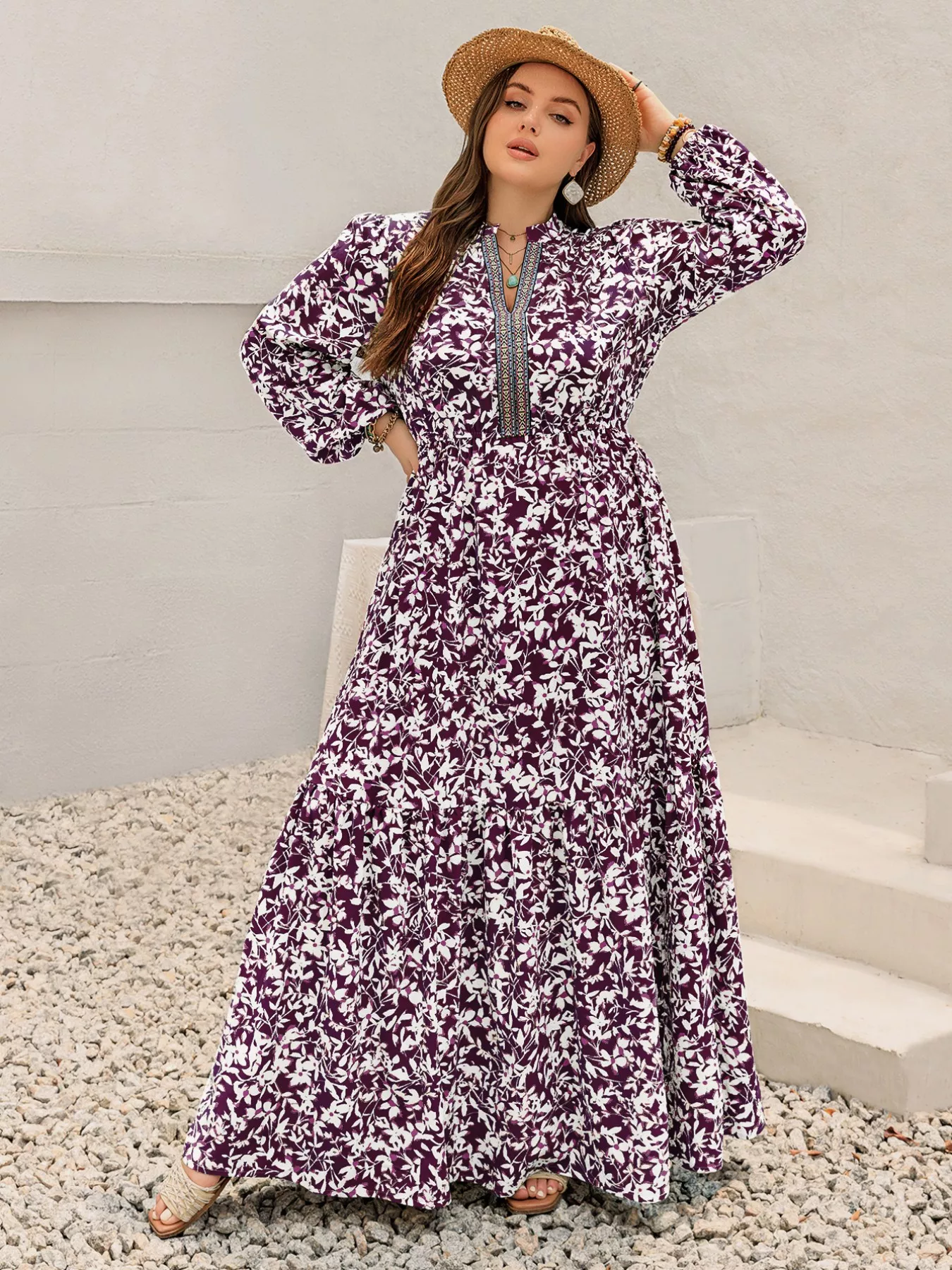 Plus Size Floral Print Maxi Dress with Long Sleeves - Image 3
