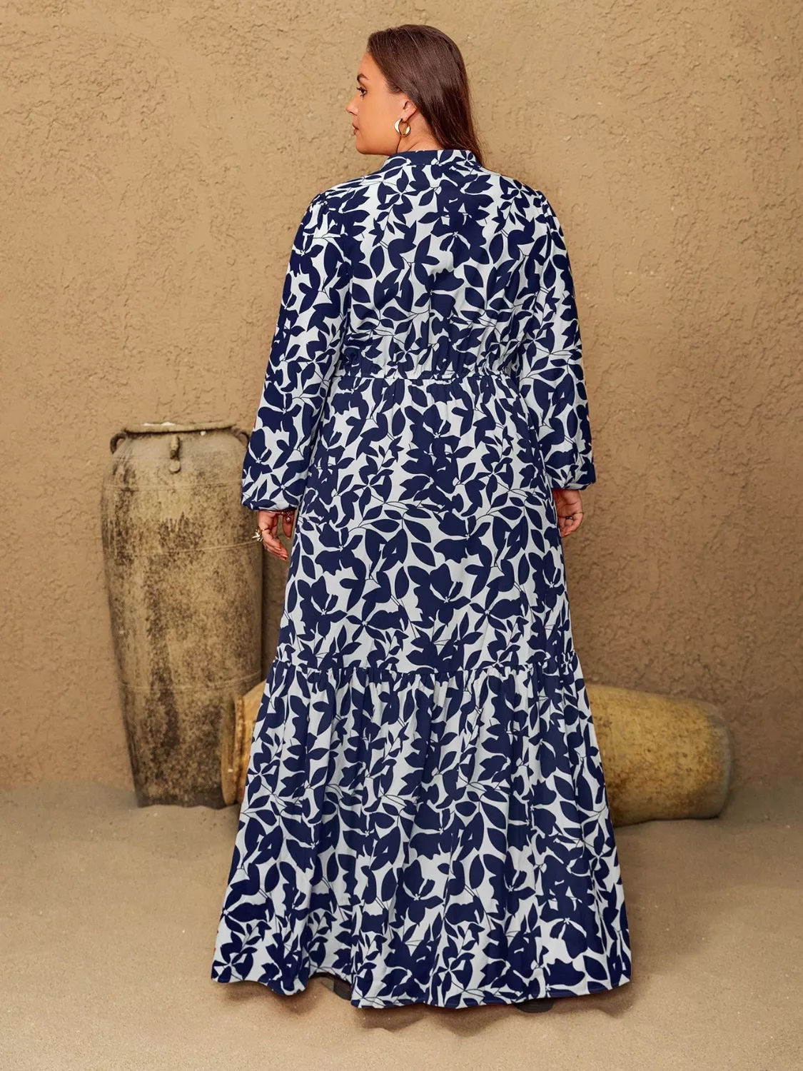 Plus Size Floral Print Notched Long Sleeve Maxi Dress - Image 6