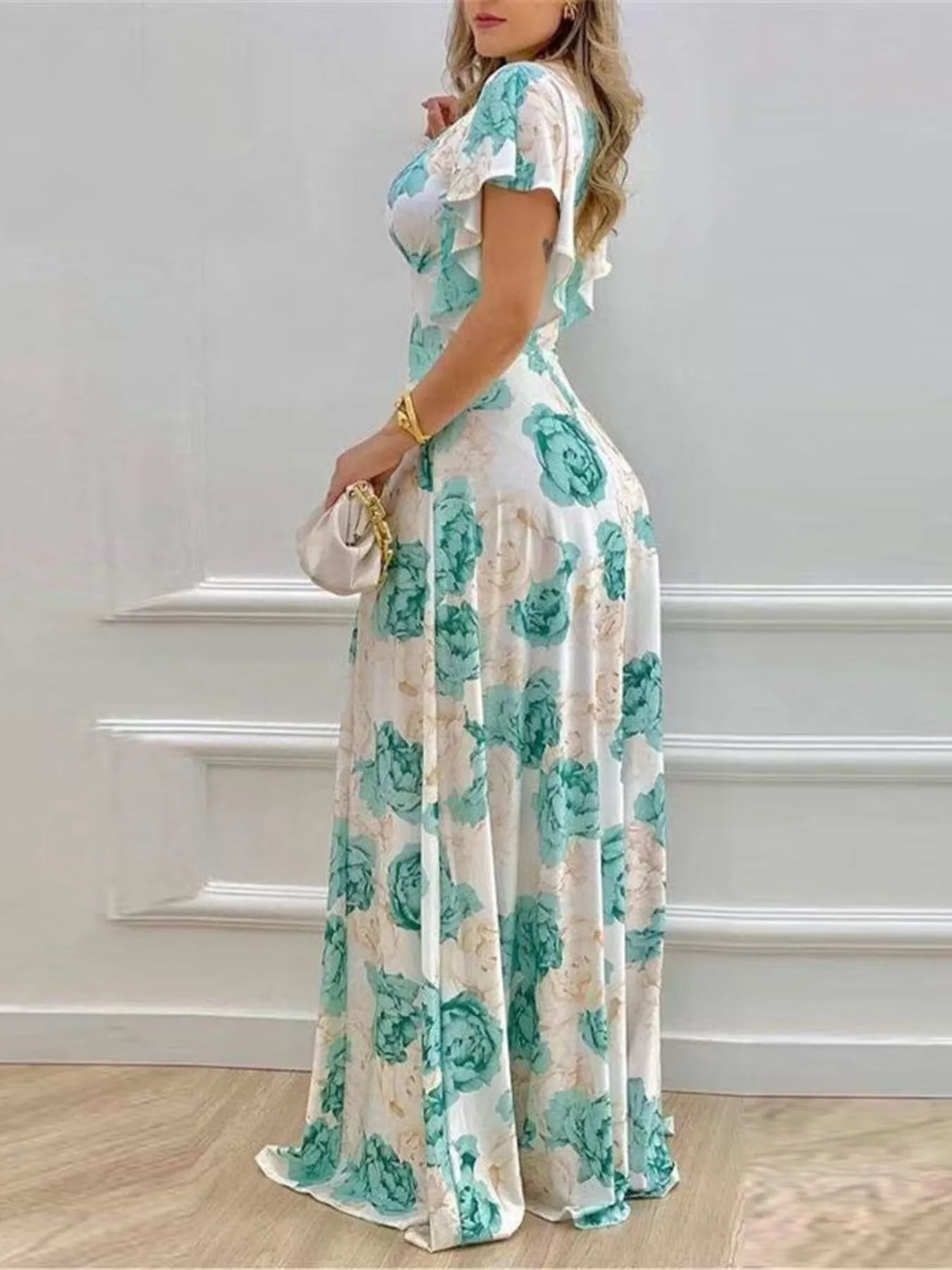 Plus Size Floral Print V-Neck Maxi Dress with Flutter Sleeves - Image 2