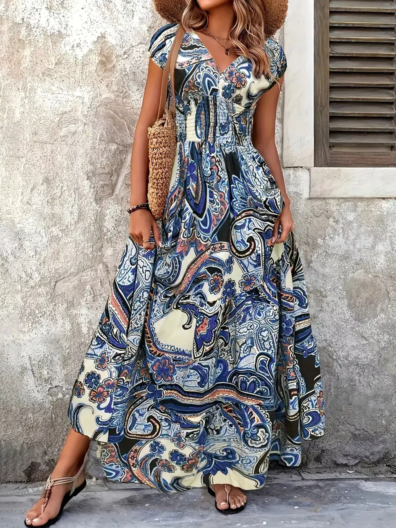Plus Size Floral V-Neck Cap Sleeve Maxi Dress - Image 3