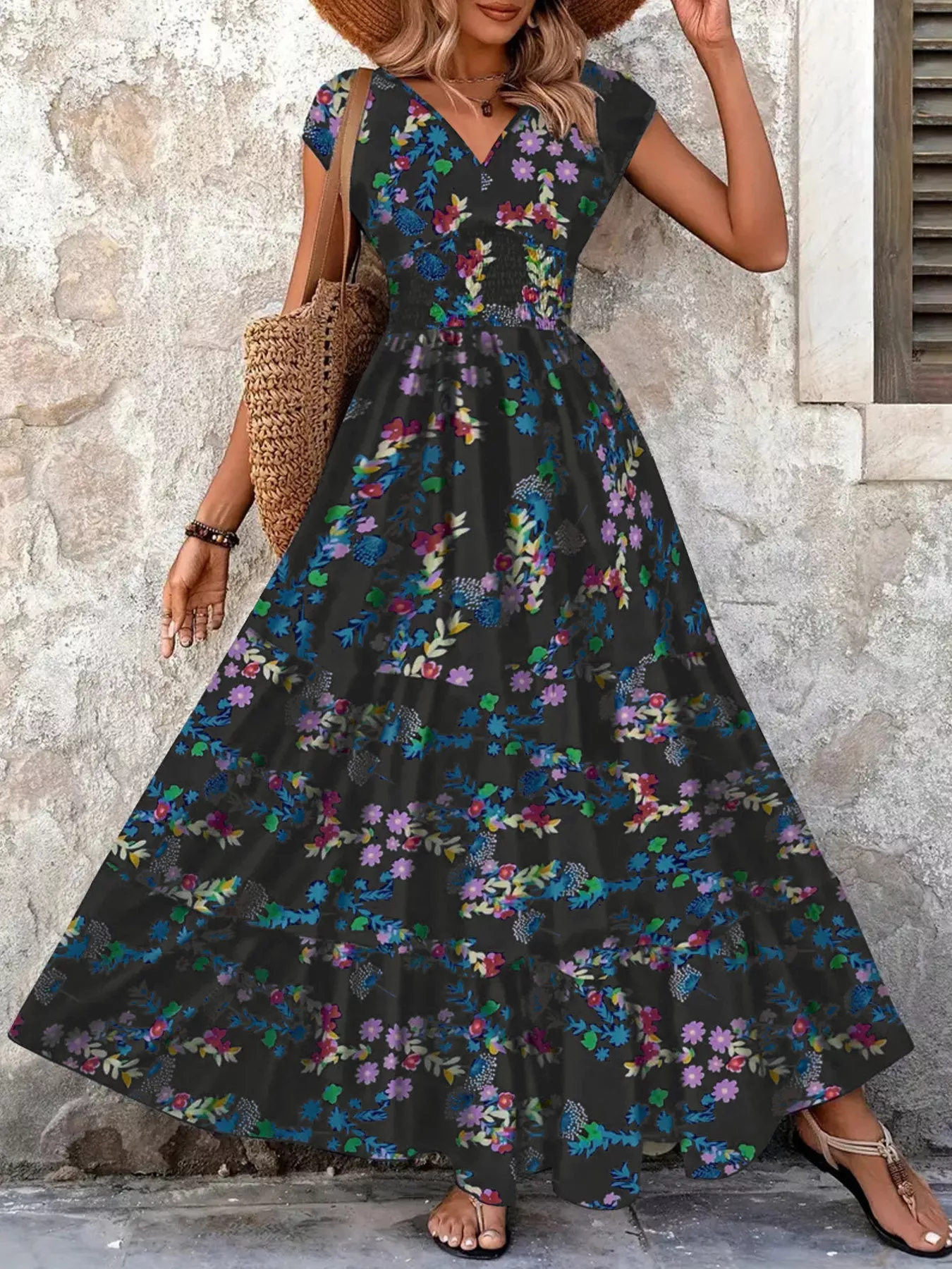 Plus Size Floral V-Neck Cap Sleeve Maxi Dress - Image 6