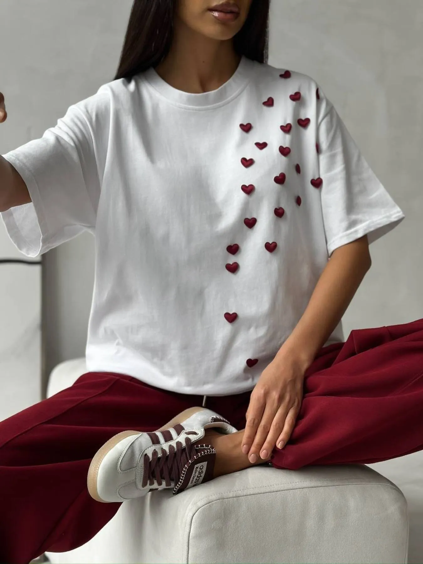 Plus Size Heart Round Neck Short Sleeve T-Shirt
