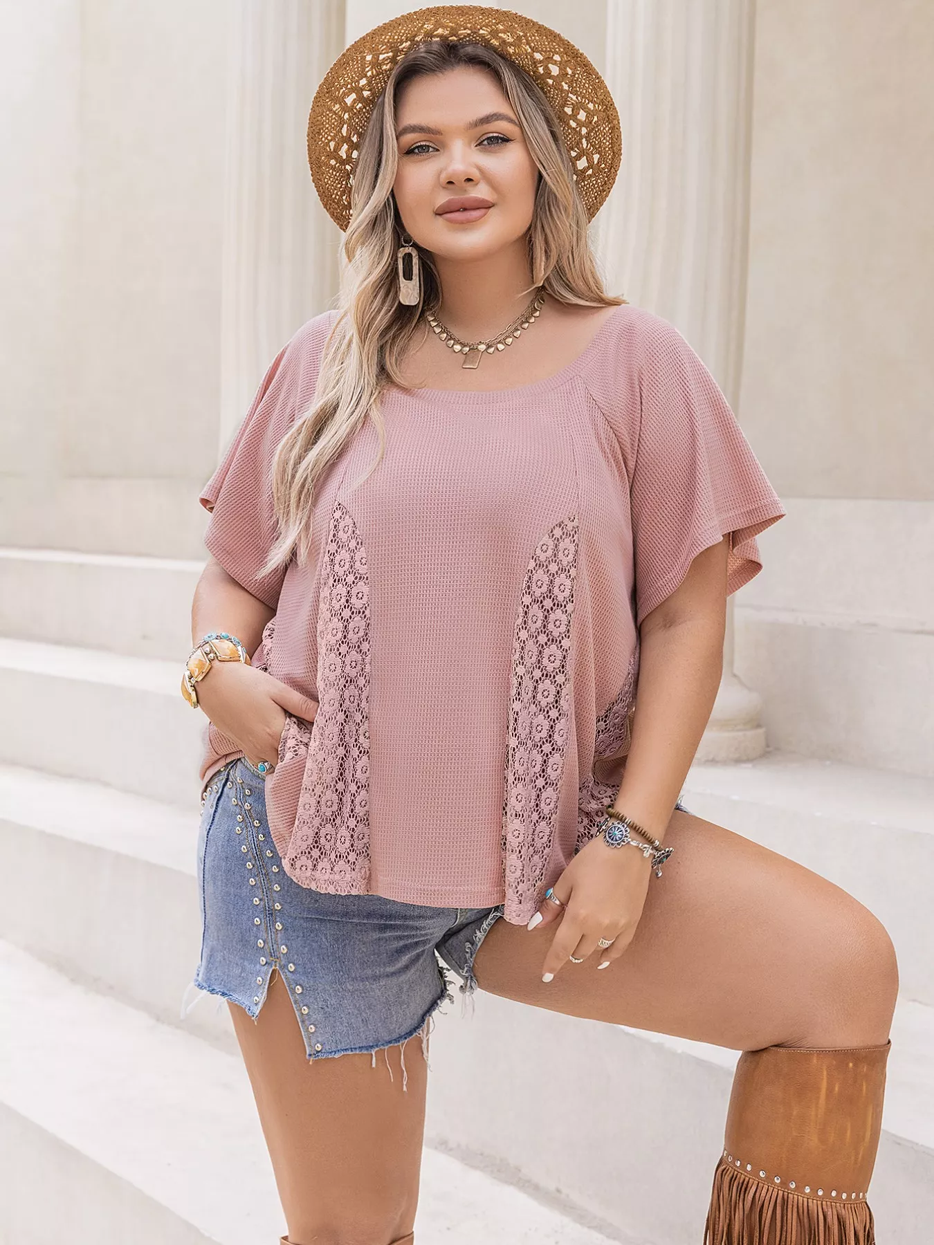 Plus Size Lace Detail Round Neck Short Sleeve T-Shirt - Image 3