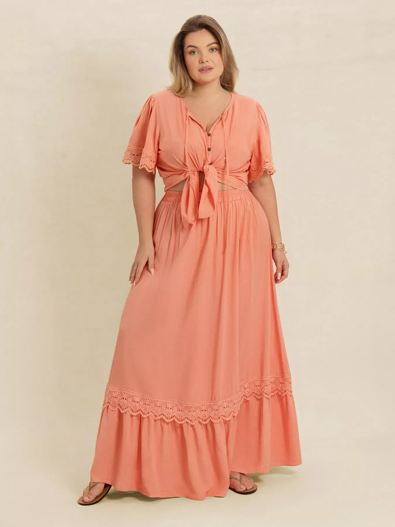Plus Size Lace Detail Tie Neck Top and Skirt Set - Image 7