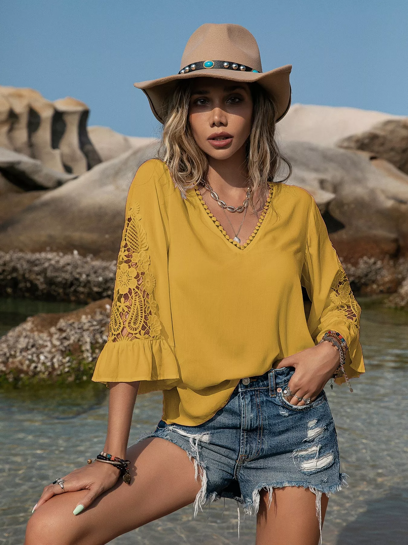 Plus Size Lace Sleeve V-Neck Blouse - Image 16