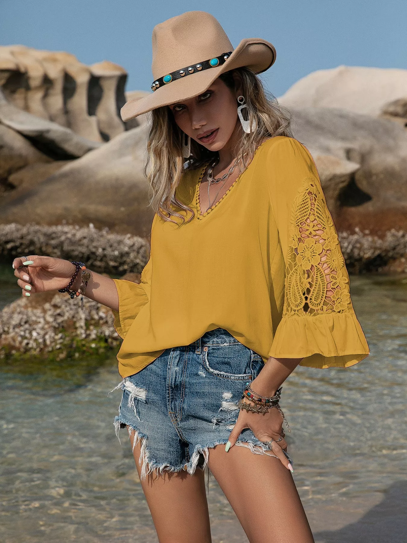Plus Size Lace Sleeve V-Neck Blouse - Image 17