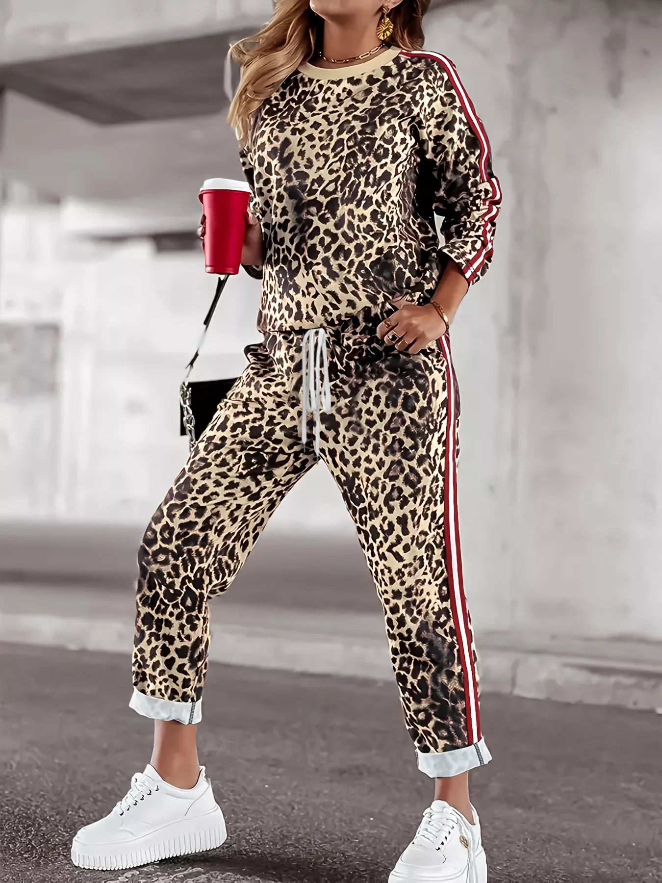 Plus Size Leopard Print Long Sleeve Top and Pants Set - Image 6
