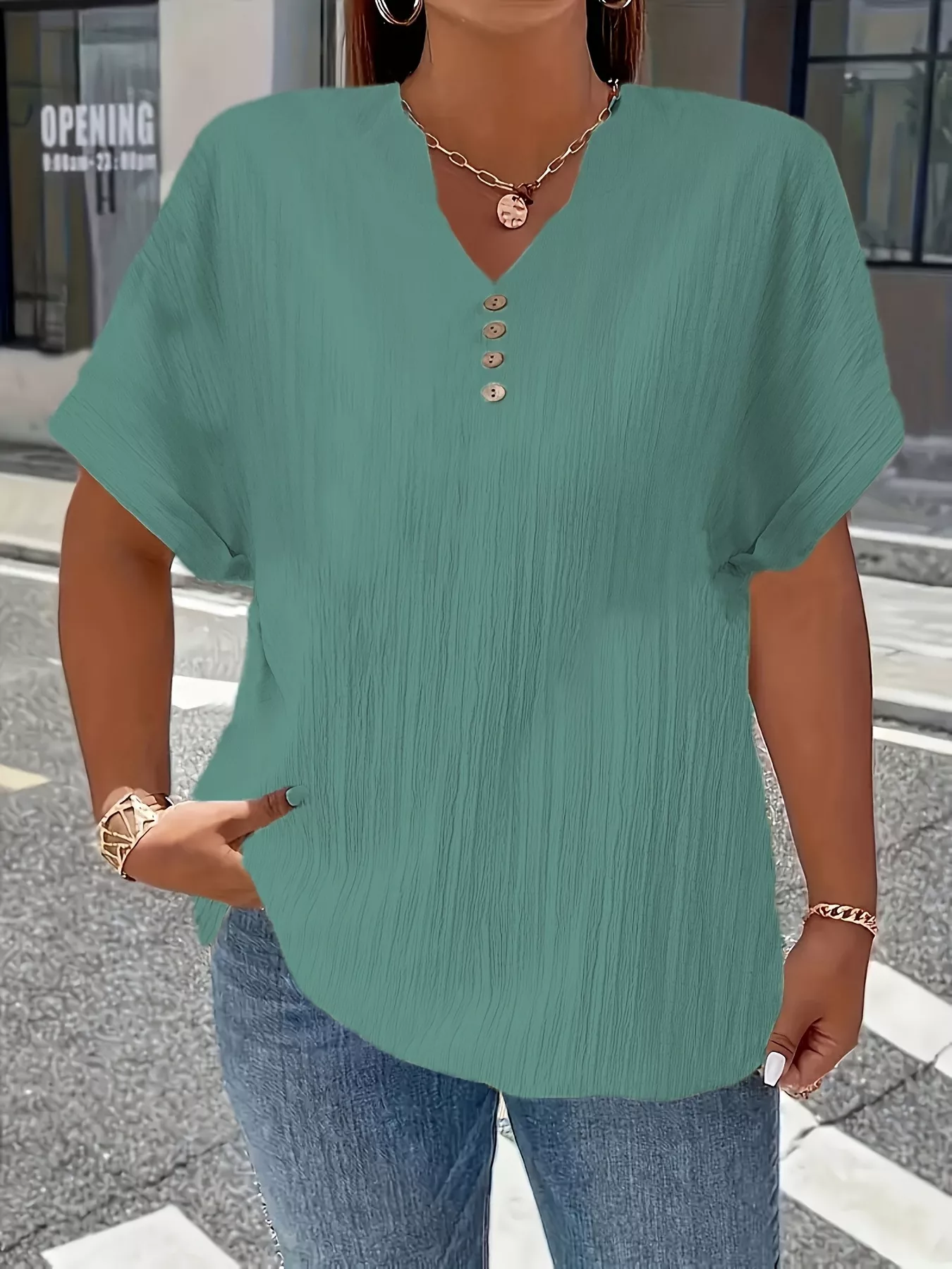 Plus Size Notched Short Sleeve Textured Top - Image 13