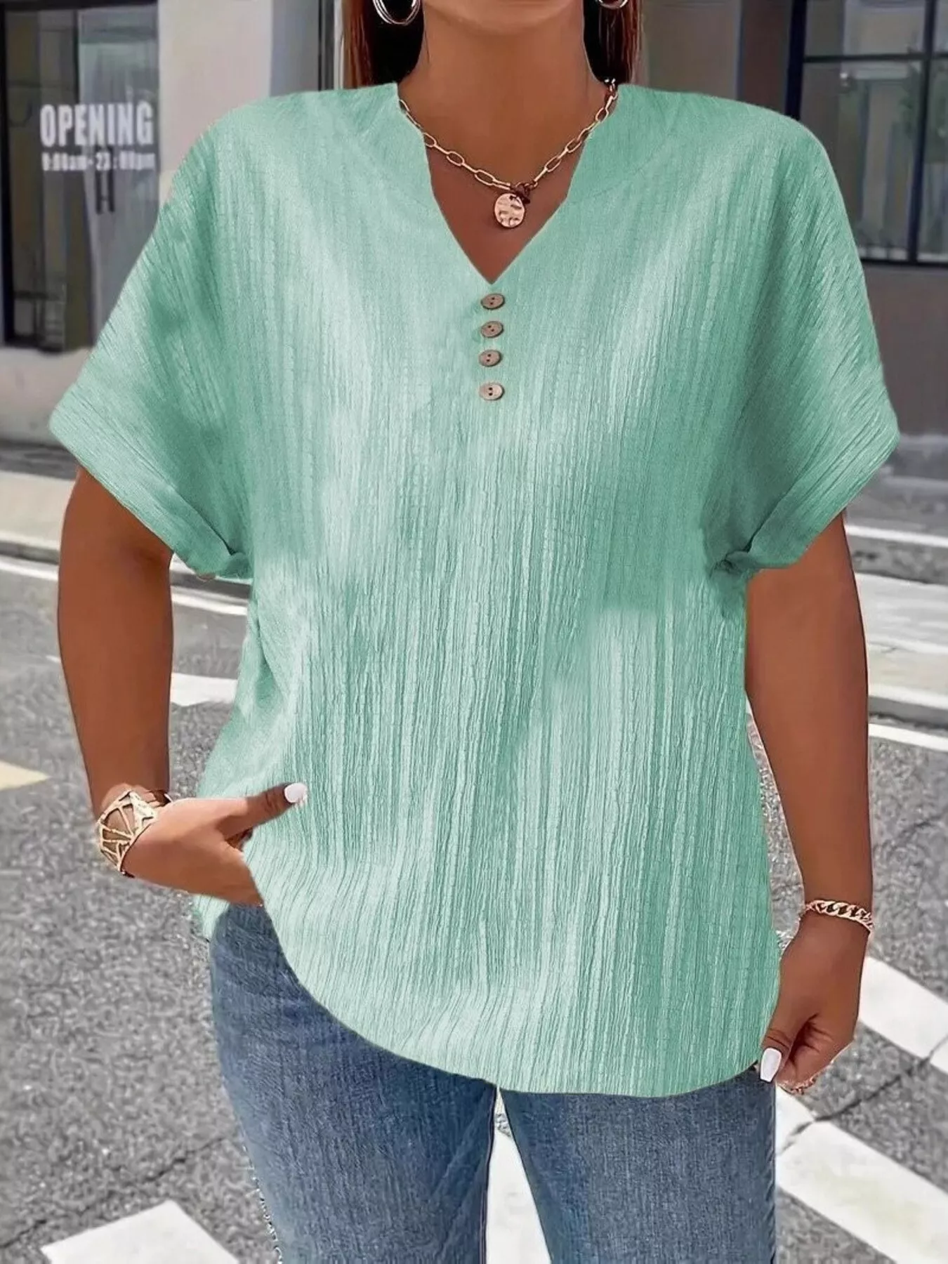 Plus Size Notched Short Sleeve Textured Top - Image 15
